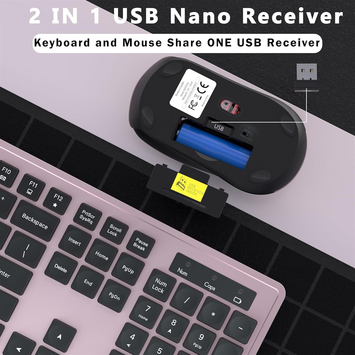 Wireless Keyboard and Mouse Combo, COVEVA 2.4GHz Wireless Keyboard Mouse with USB Receiver, Water-Dropping Keycaps, 104 Keys Full Size with Number Pad for PC Laptop Computer Desktop(Black Pink)