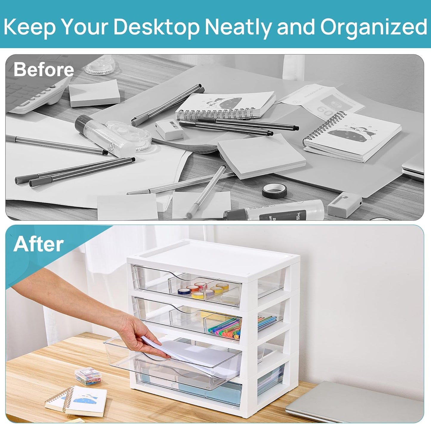 Vtopmart Clear Desk Organizer, 4-Tier Assemble Desktop File Organizer with Drawers, Office Desk Organization for Office Supplies