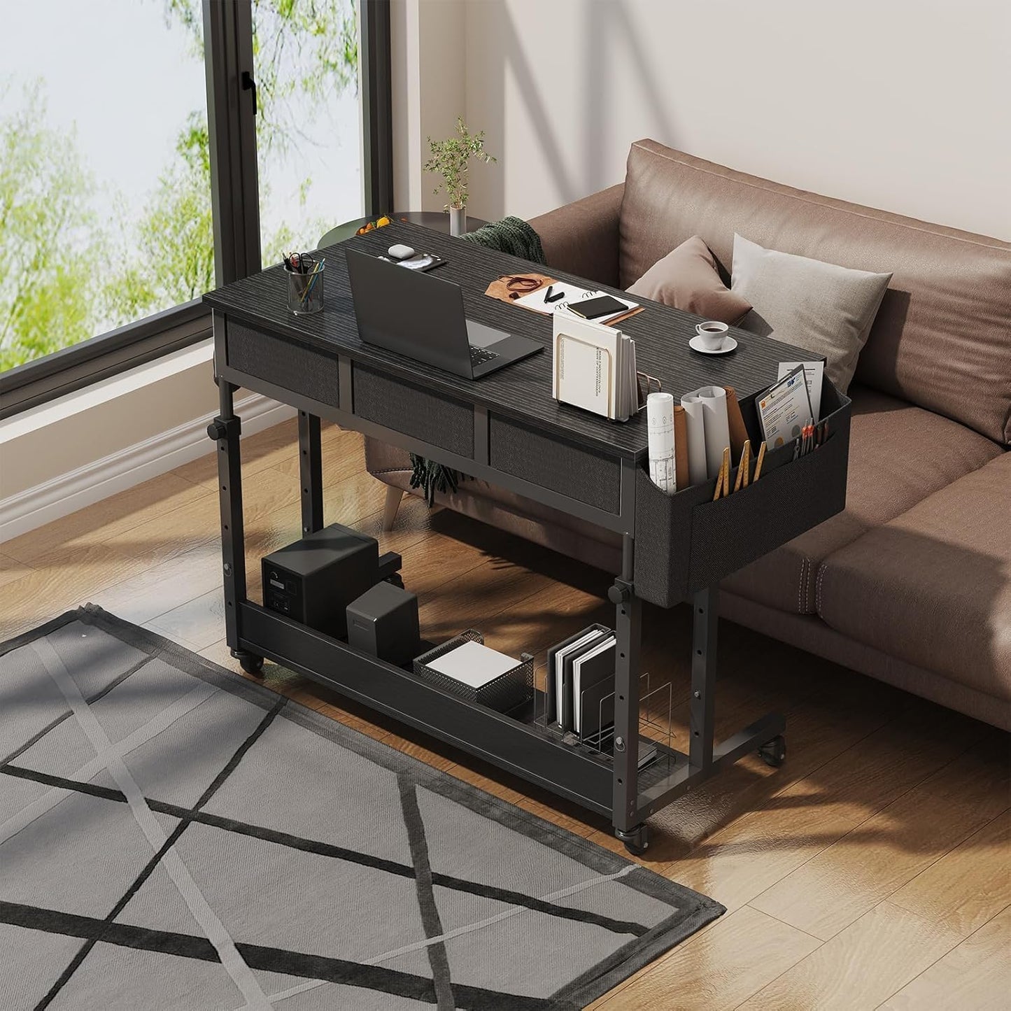 Rolling Standing Desk Adjustable Height with Drawers, 40 Inch Mobile Stand Up Portable Teacher Desks on Wheels for Classroom, Couch Sofa Side Laptop Table with Storage for Bedroom Home Office, Black