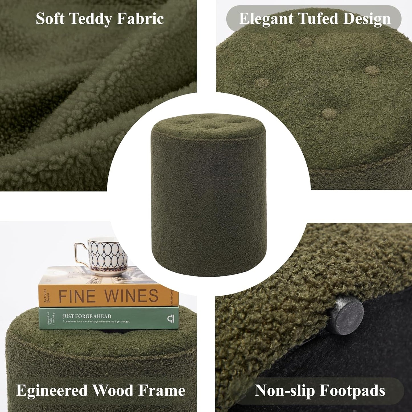 Modern Round Ottoman, Button-Tufted Foot Stool Ottoman, Teddy Fleece Upholstered Vanity Stool for Makeup, Bedroom, Living Room, Dark Green