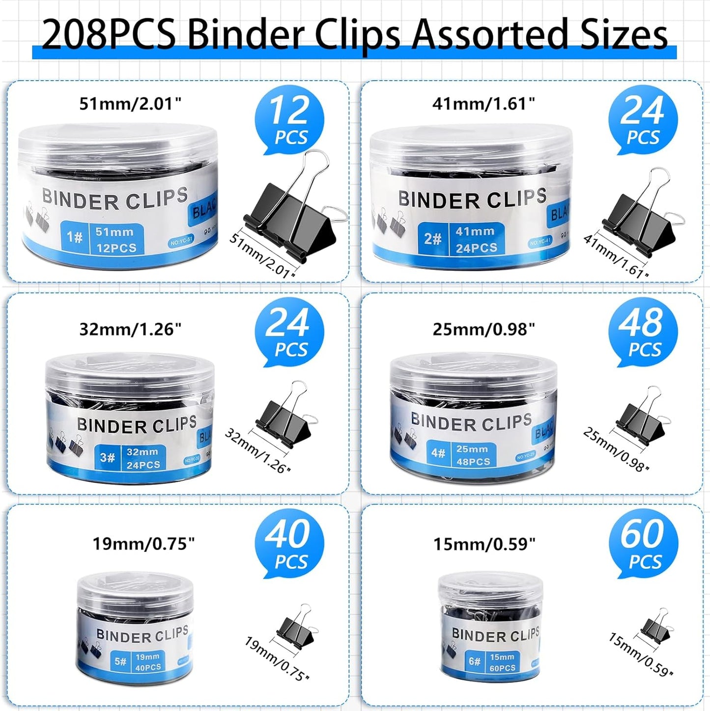 208 PCS Binder Clips Assorted Sizes, Metal Large Binder Clips Bulk, Black Binding Paperwork Clamp for Paper, 6 Size Clips Office Supplies for Business and School