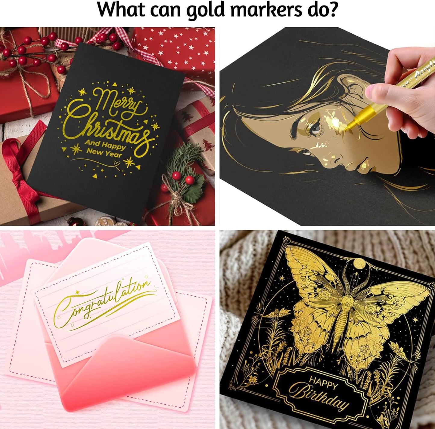 SFAIH Gold Paint Markers Pens - 4 Pack 0.7MM Fine Tip Metallic Acrylic Markers for Rock Painting, Wood, Metal, Fabric, Plastic, Canvas, Glass, Ceramic, Diy Crafts, Drawing, Tire