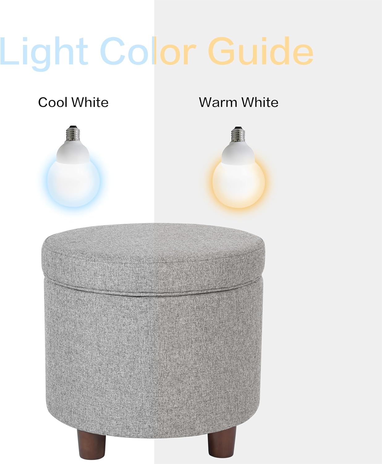 Homepop Home Decor | Upholstered Round Storage Ottoman | Ottoman with Storage for Living Room & Bedroom, Light Gray Tweed