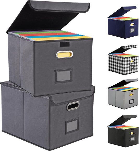 File Organizer Box, Linen Filing Organizer with Lid, Large Desktop File Boxes,Dark Grey,2 Pack