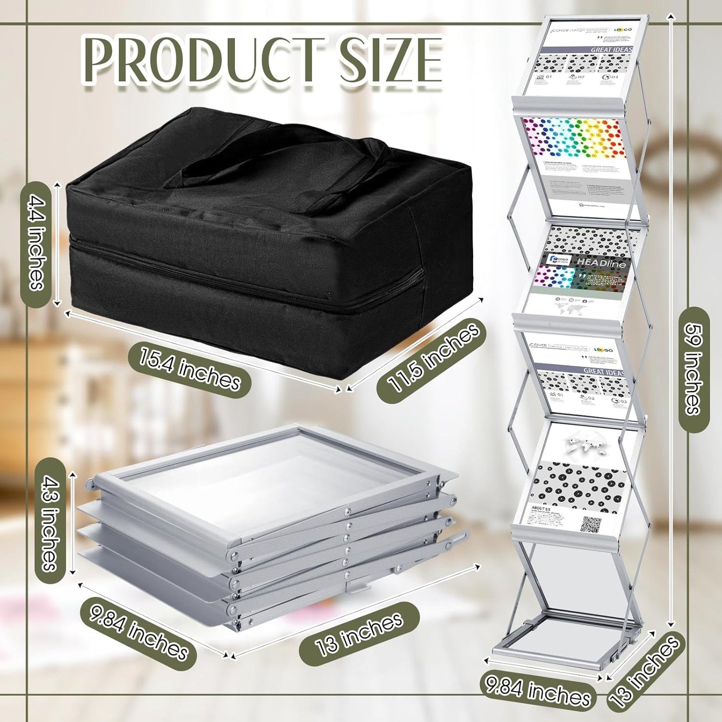 Tatuo Foldable Magazine Rack Metal Catalog Literature Rack Portable 6 Pockets with Carrying Bag Aluminum Brochure Stand Display Holder Stand for Exhibition Trade Show Office Retail Store