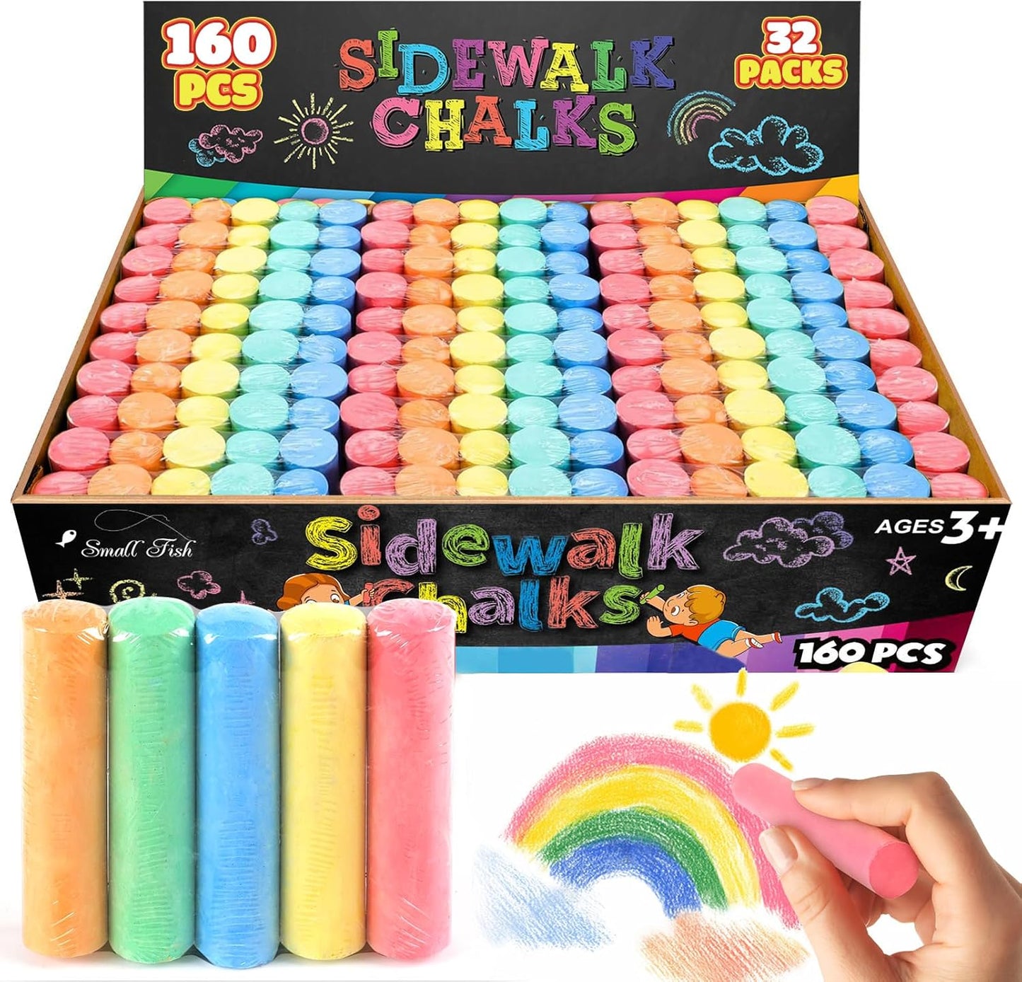160Pcs Sidewalk Chalk Set in 5 Colors 32 Packs: Washable Jumbo Sidewalk Chalk Bulk for Kids Outdoor Art, Non-Toxic Dustless Giant Box Chalkboard Chalk for Toddler Painting on Blackboard, Party