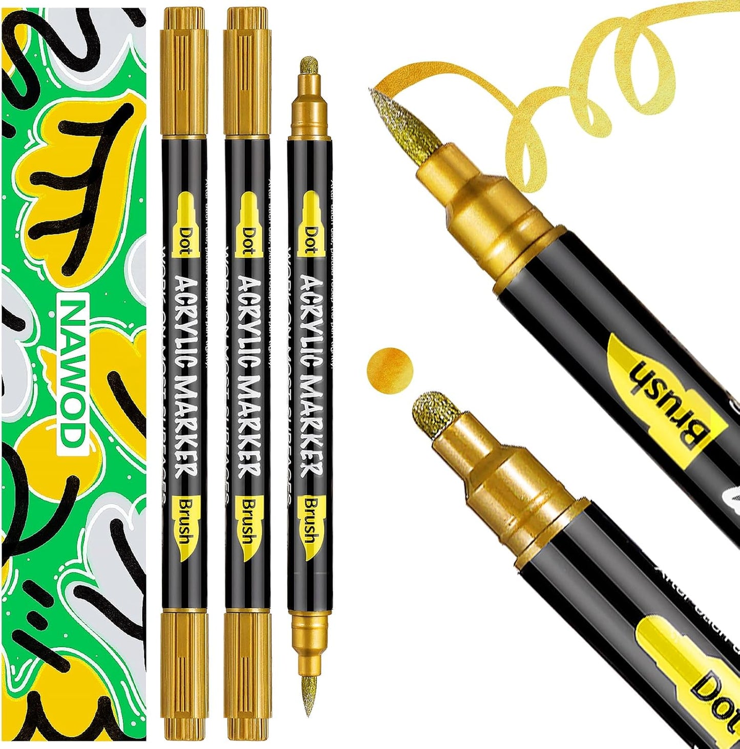 NAWOD 3 Gold Acrylic Paint Pens Markers, Dual Tip (Dot Tip + Brush Tip), for Rock Painting Fabric Canvas Glass Wood Ceramic Paper Eggs, Fabric Marker Ideal for Labeling DIY Crafts Art Projects