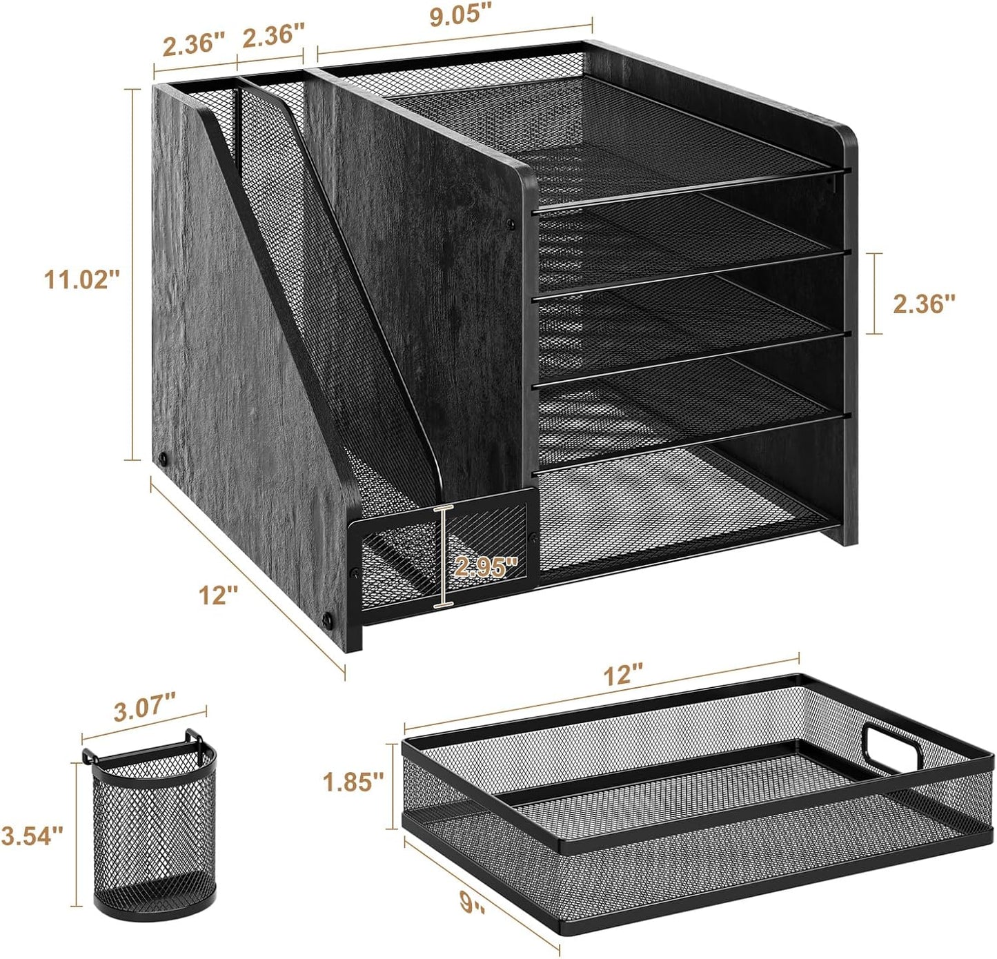 Marbrasse Desk Organizer with File Holder, 5-Tier Paper Letter Tray Organizer with Drawer and 2 Pen Holder, Mesh Desktop Organizer and Storage with Magazine Holder for Office Supplies (Wood-Black)