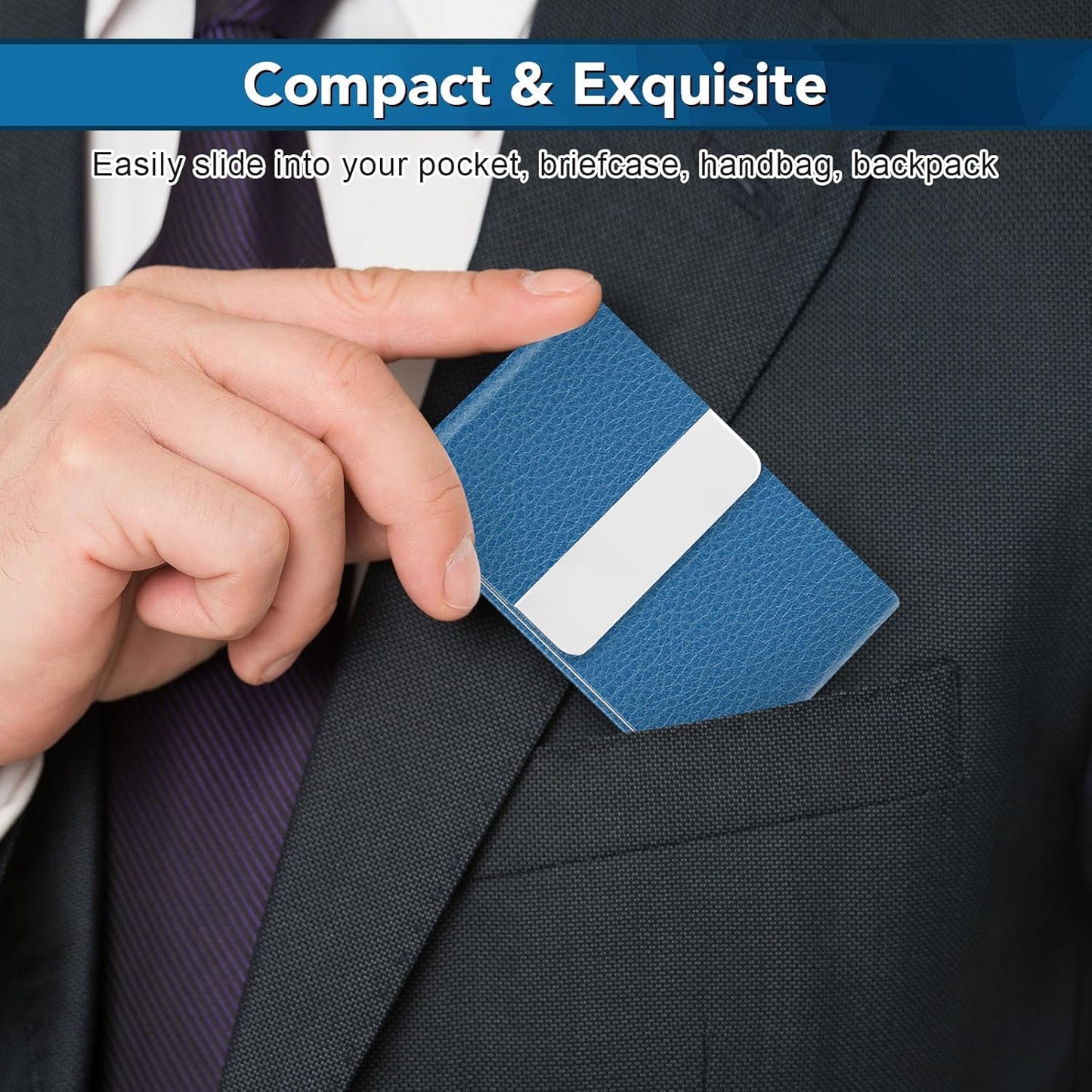 Business Card Holder with Ultra Slim Design, Business Card Case with Premium PU Leather, Suit Pocket Metal Card Holder for Women/Men, Magnetic Closure Quick Access Cards