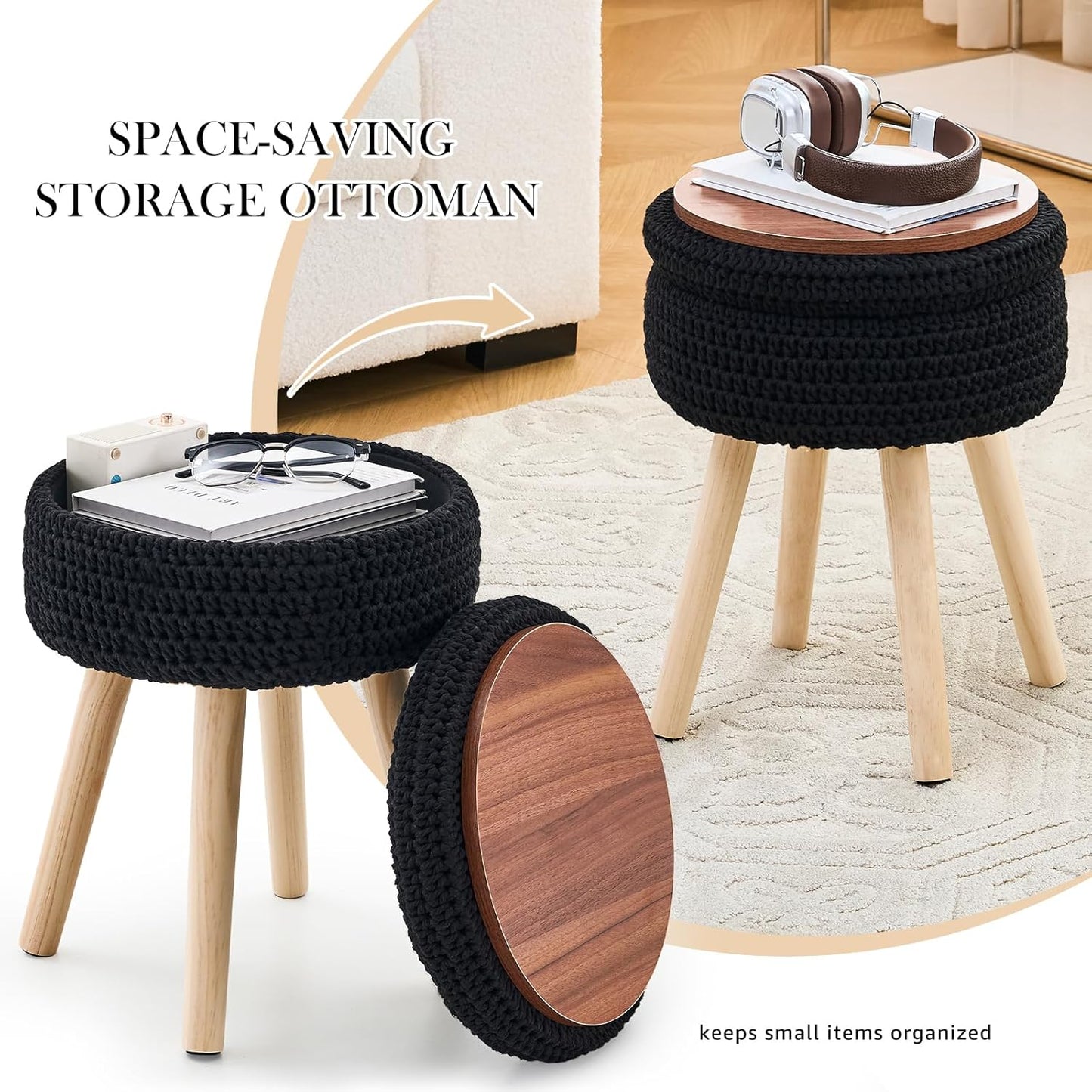 Round Foot Stool Ottoman with Storage Footrest with Wood Legs Cotton Knitted Vanity Stool Tray Top Coffee Table Multifunctional Upholstered Footstool for Living Room Bedroom Black