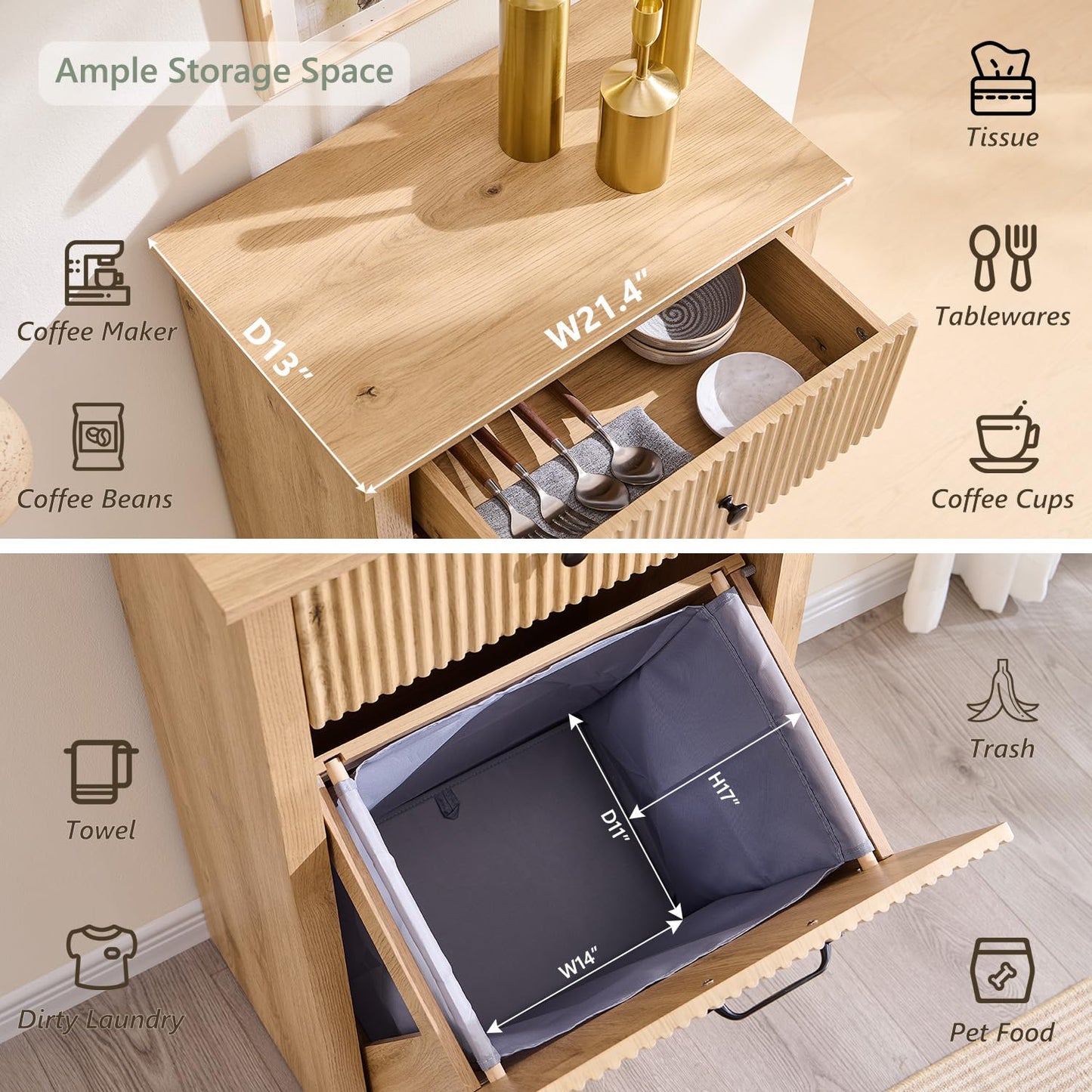 Modern Tilt-Out Trash Can Cabinet, 10 Gallon Fluted Laundry Hamper Cabinet with Drawers, Wooden Hidden Garbage Can Cabinet w/Storage Basket, Free Standing for Kitchen & Living Room,Natural Oak