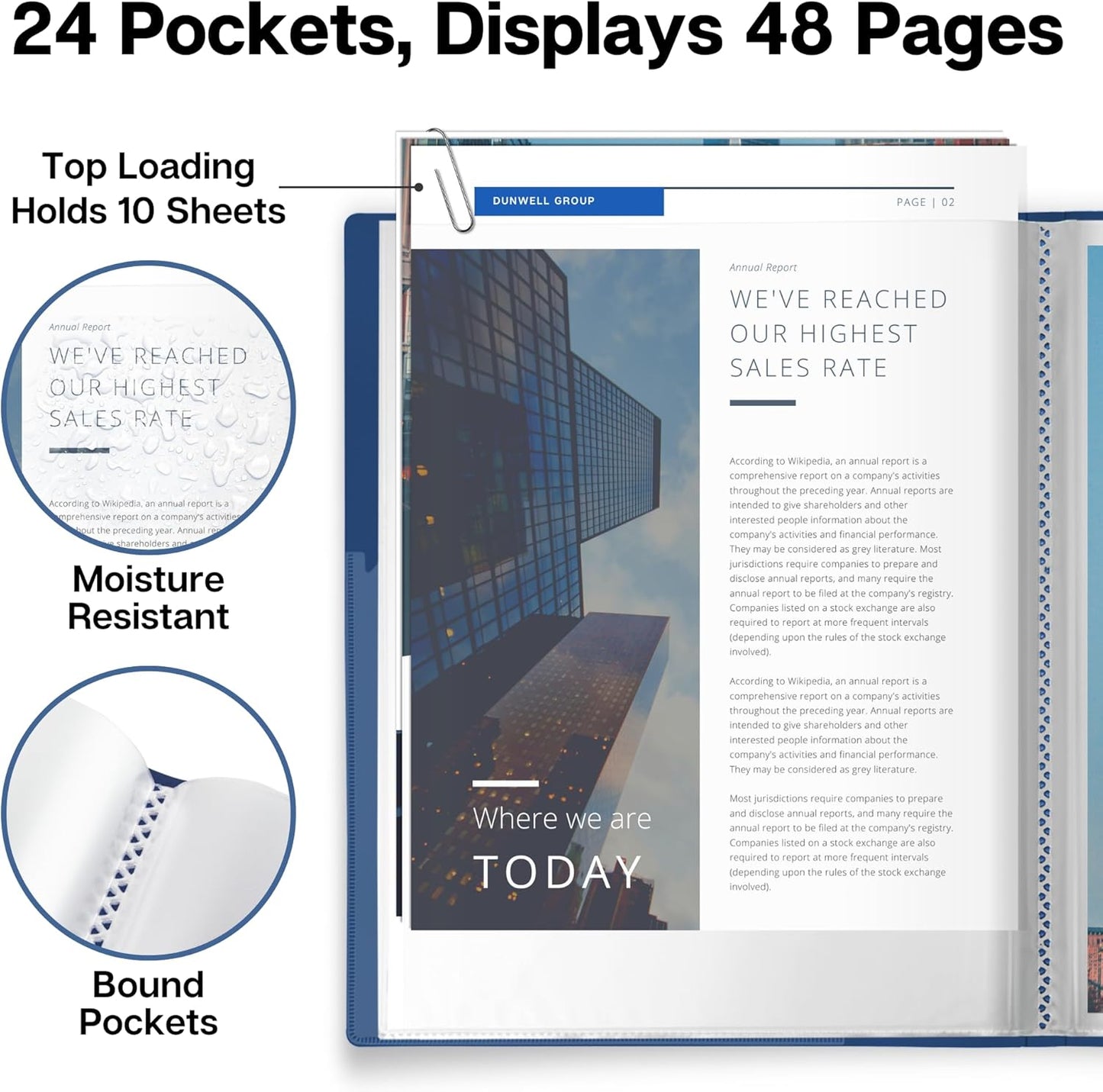 Dunwell Presentation Binder 24-Pocket, Displays 48 Pages, 8.5x11 Portfolio Binder with Plastic Sleeves, Storage and Organizer for Documents, Certificates, Projects, Photos (Blue)