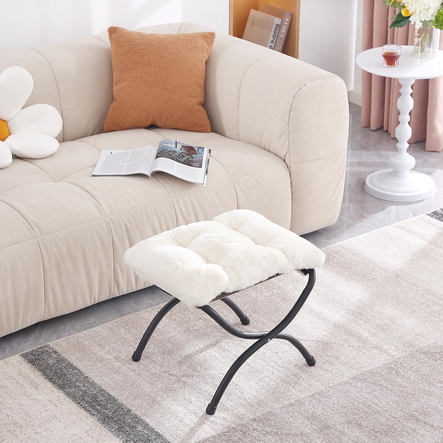 LITA Folding Upholstered Footrest Stool, Modern Small Portable Accent Ottoman with Detachable Thick Cotton Cushion Padded Sofa Stool with Metal Frame for Lazy Chair, Living Room & Bedroom, Plush Beige