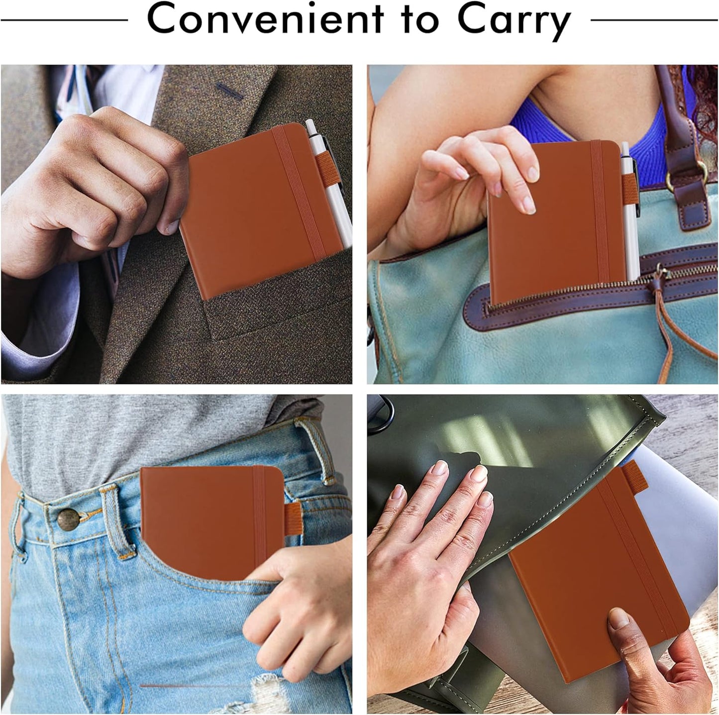 feela 6 Pack Pocket Mini Notebooks Bulk, Small Cute Memo Notepads Hardcover College Ruled Lined Journals with Pen Holder for School Business Work, with 6 Black Pens, 3.5”x 5.5”, A6, Brown