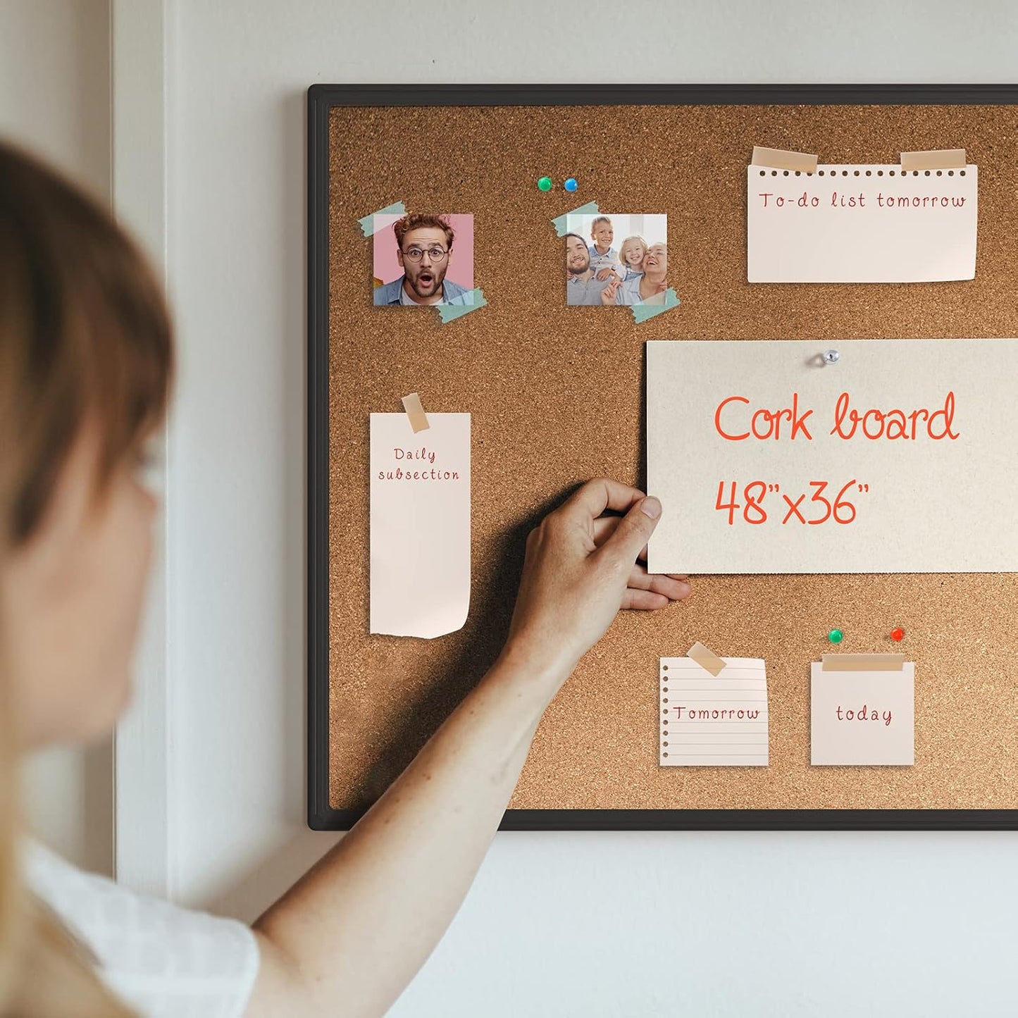 Board2by Bulletin Board 48 x 36, Black Aluminium Framed 4x3 Corkboard , Large Wall Mounted Notice Board with 18 Push Pins for School, Home & Office