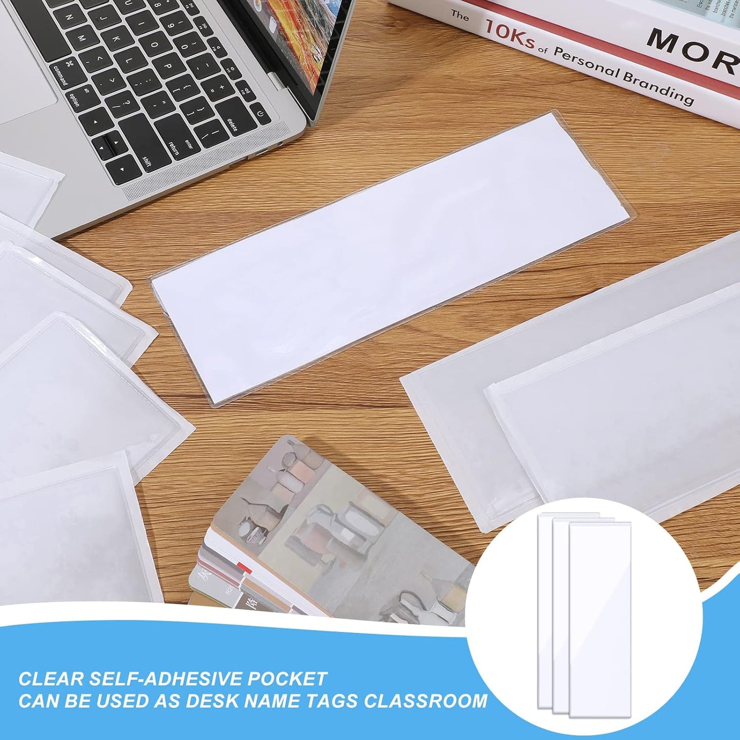 Outus 100 Pcs Clear Self Adhesive Pockets - Bin Labels for Storage Bins, Pocket Label Sleeves, Plastic Index Card Holder with Top Open for Organizing Bins Box Drawer(3.55 x 10.8 Inch)