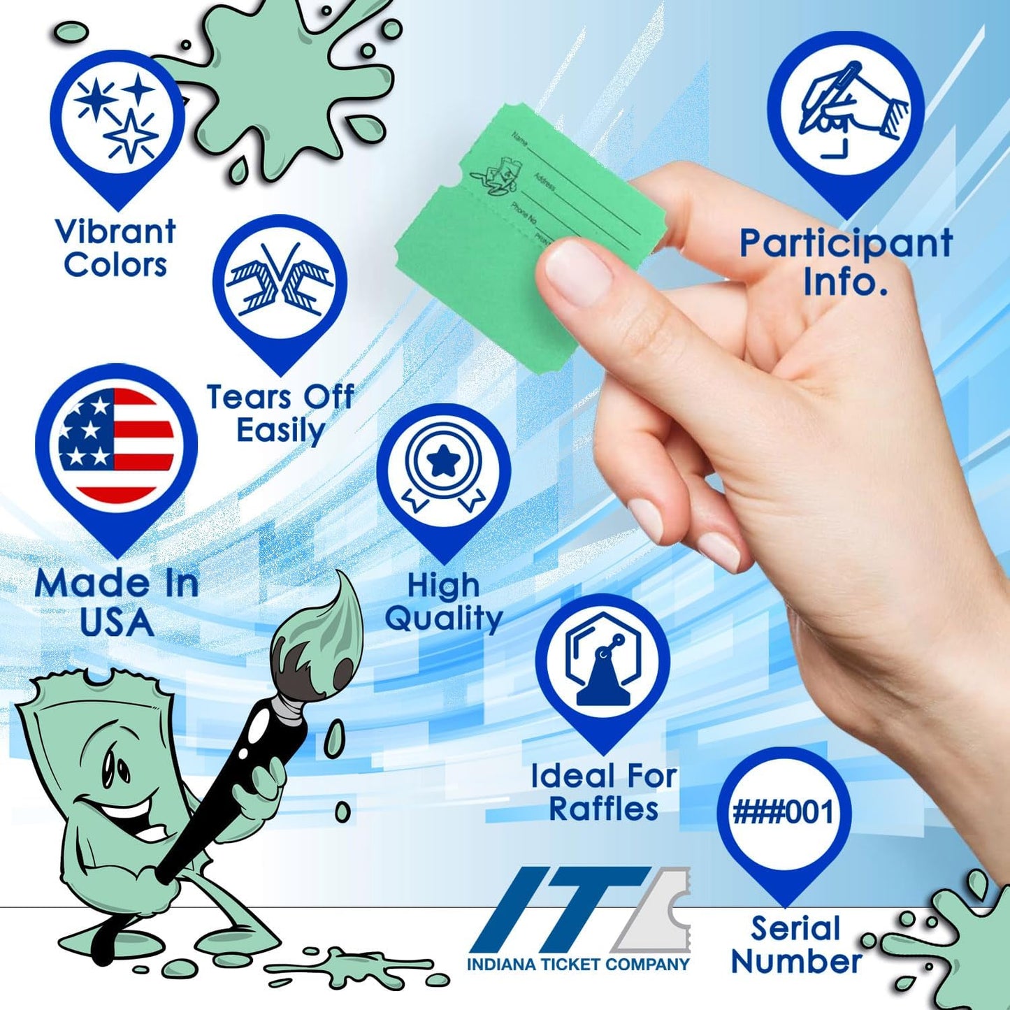 INDIANA TICKET CO. 10,000 Green CONSECUTIVELY Numbered Raffle Ticket Roll. 5 Rolls of 2,000, for Classroom Rewards, Events, Fundraisers, Door Entry, Raffles, Prizes, Drink/Food Tickets, & More