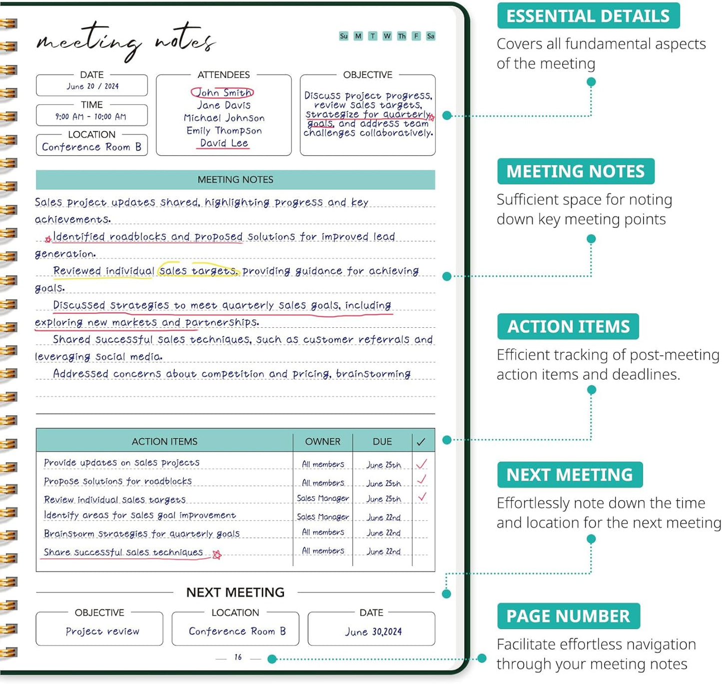 Taja Meeting Notebook for Work Organization - Work notebook with action items, Meeting Minutes Planner Notebook, Perfect Office Supplies for Men & Women - Dark Green