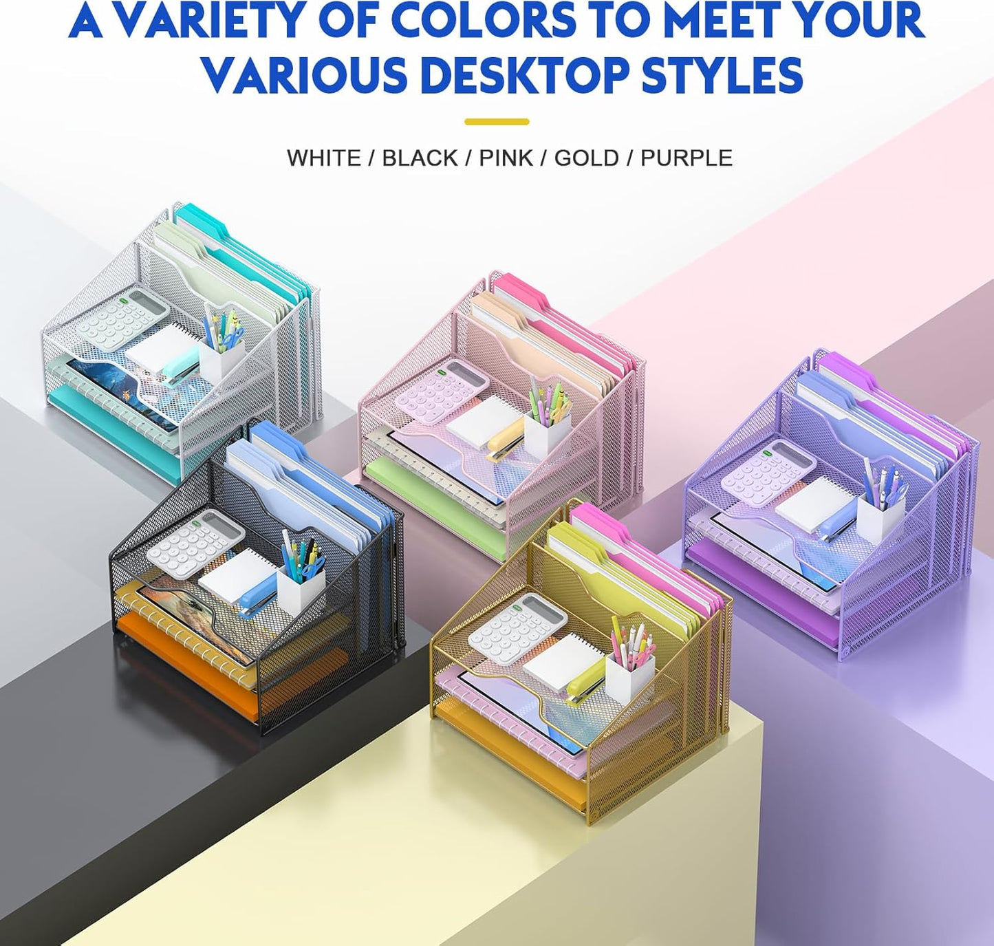 Samstar Desk File Organizer, Mesh Letter File Folder Holder with 3 Paper Trays and 2 Vertical Upright Section, for Office Supplies,Desk Accessories & Workspace,Black.