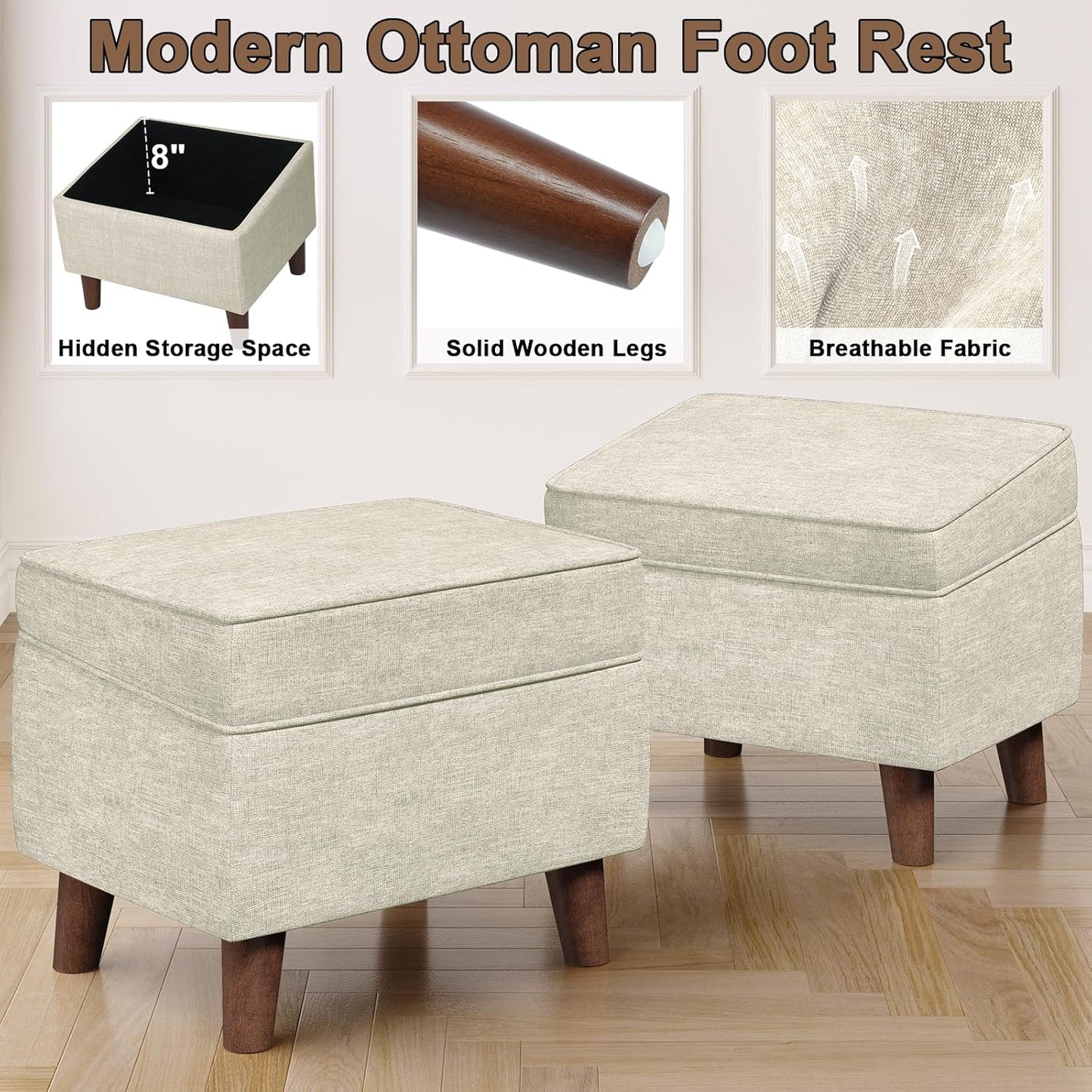 Foot Rest with Adjustable Cover, 18" Storage Ottoman Dorm, Footstool and Sitting Stool, Ottoman Foot Stools for Living Room, Bedroom, Dorm, Beige