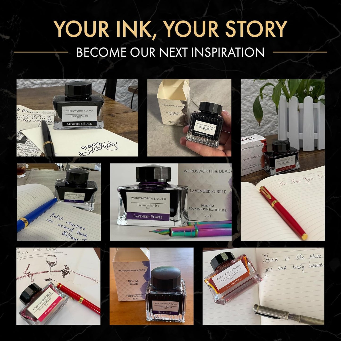 Wordsworth and Black Fountain Pen Ink Bottle (30 ml) Premium Luxury Edition, [Mysterious Black] Fountain Pens Bottled Ink; Classic Designed Bottle Smooth Flow 30 ml