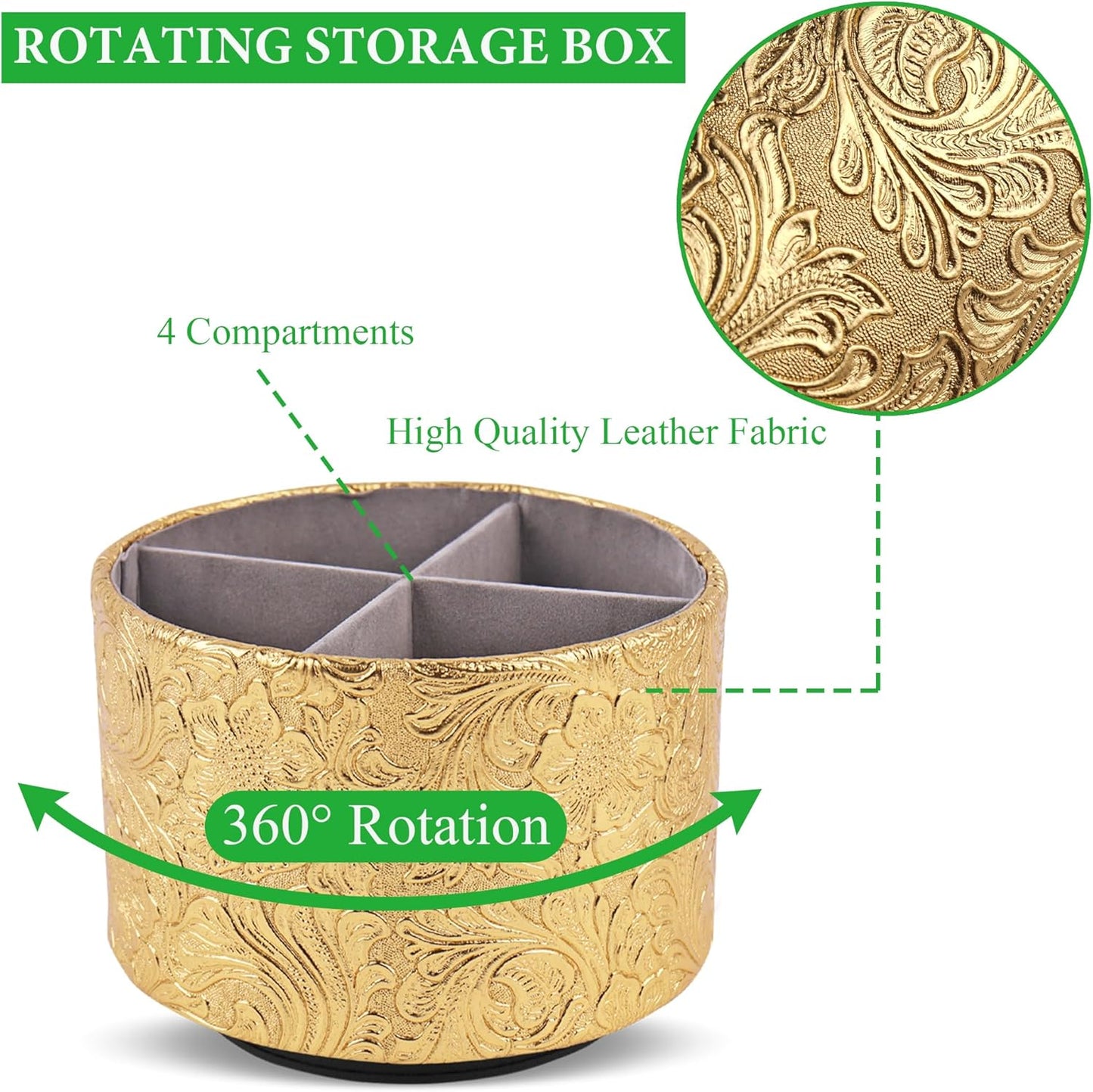 lizimandu Round Leather Art Supply Organizer,Remote Control Holder,360 Degree Spinning,Multi-Functional Pencil Holder,4 Compartments Desktop Stationary Organizer(1-Carved Gold)