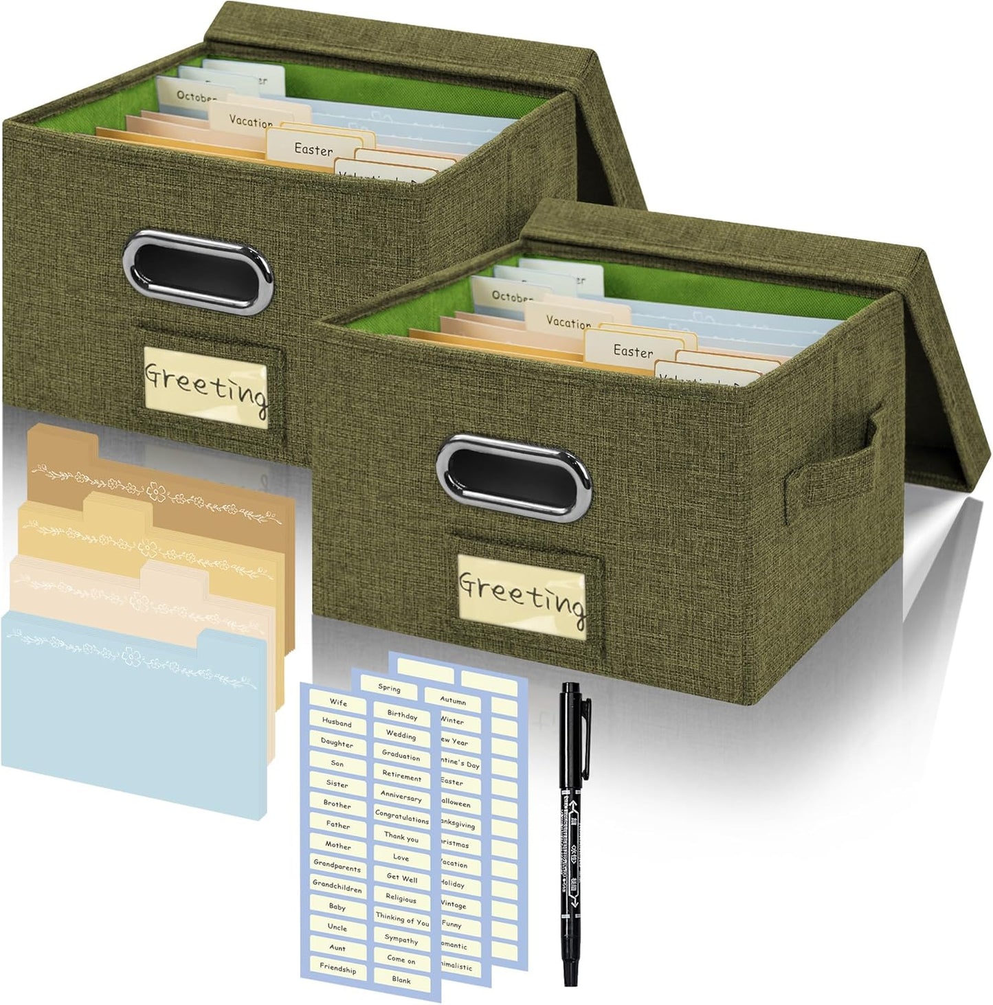 Greeting Card Organizer and Storage Box with 40 Pcs Adjustable Dividers, Storing Cards with 168 Pcs Labels Perfect for Storing Greeting Cards, Envelopes, Photos 2 Pack Olive Green