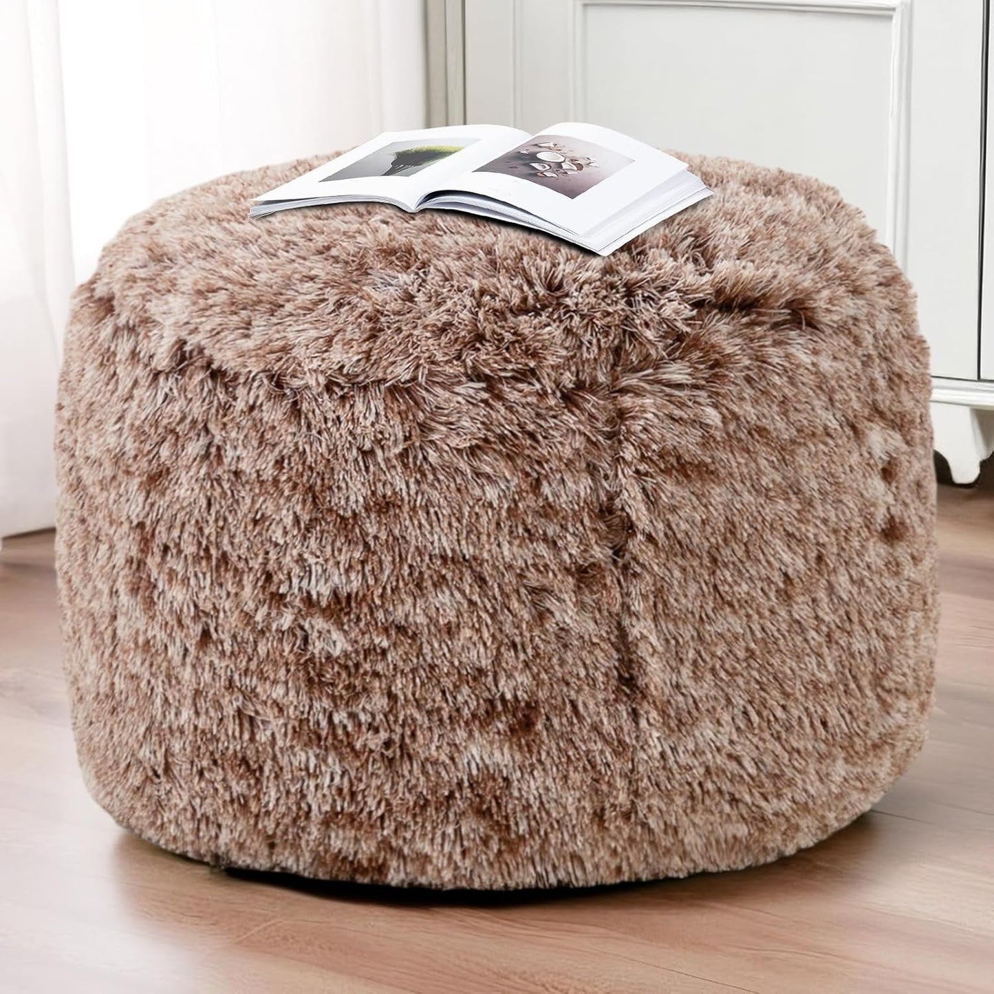 HIGOGOGO Round Stuffed Pouf Ottoman, Long Faux Fur Poufs with Foam Chunk Filling, Fluffy and Furry Pouf Foot Stool Storage Ottoman, 26 X 18 Floor Poufs Foot Rest for Living Room,Coffee