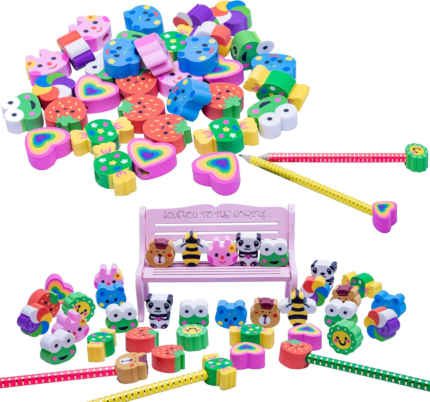 XANADU 35 PCS Pencil Top Erasers, Animal Pencil Erasers Toppers, Cute Heart Cap Erasers for Kids Back to School, Classroom Prize