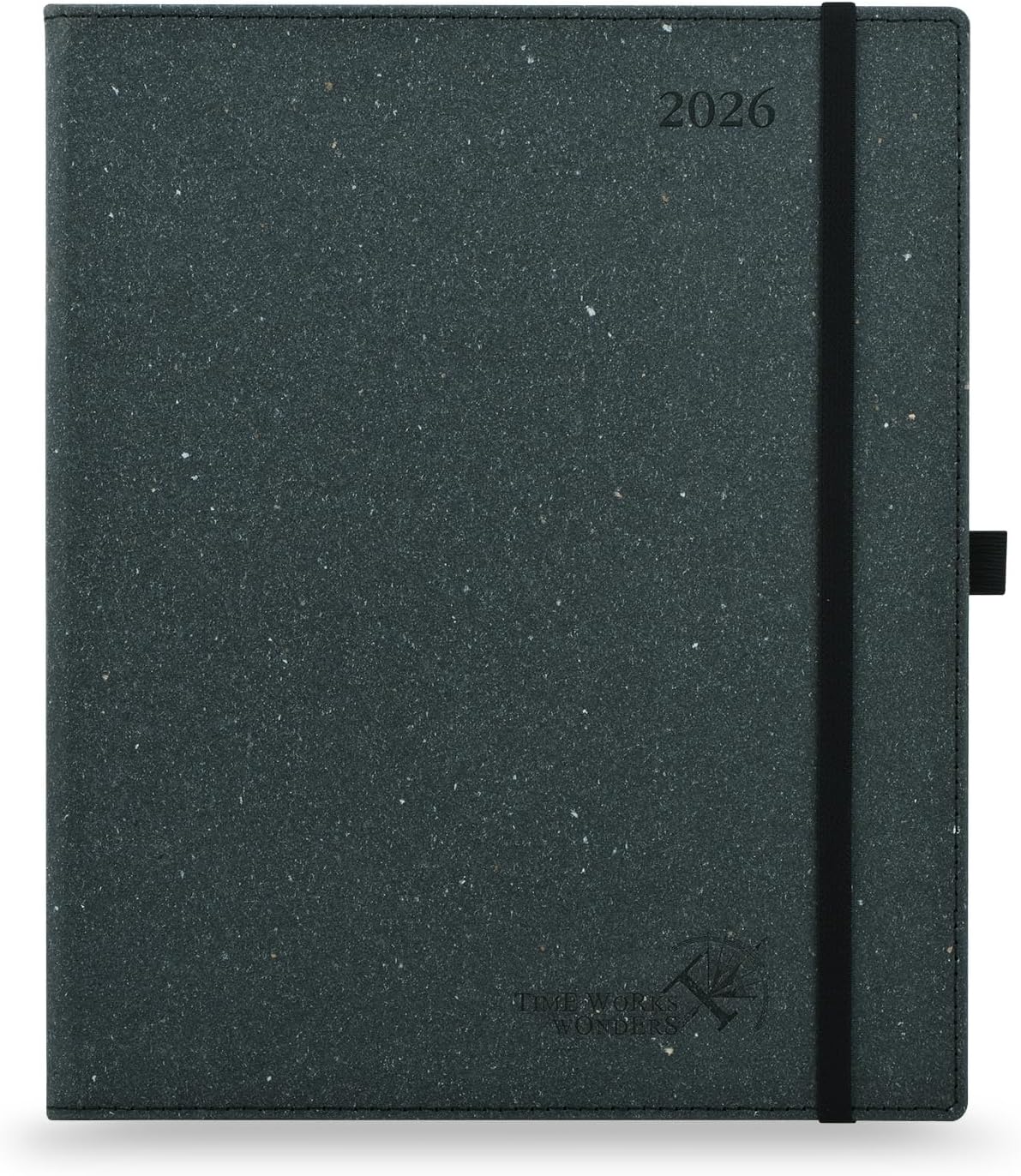 POPRUN 2026 Planner - 2026 Recycled Weekly Planner[8.5''x 10.5''- Italian Regenrated Leather Hard Cover] with Hourly Schedule & Vertical Weekly Layout, Monthly Tabs, Inner Pocket - Black Grey