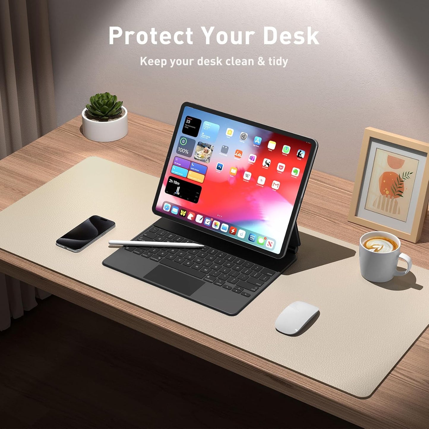 Aothia Leather Desk Pad Protector, Mouse Pad, Office Desk Mat, Non-Slip PU Leather Desk Blotter, Laptop Desk Pad, Waterproof Desk Writing Pad for Office and Home (Beige, 36" x 17")