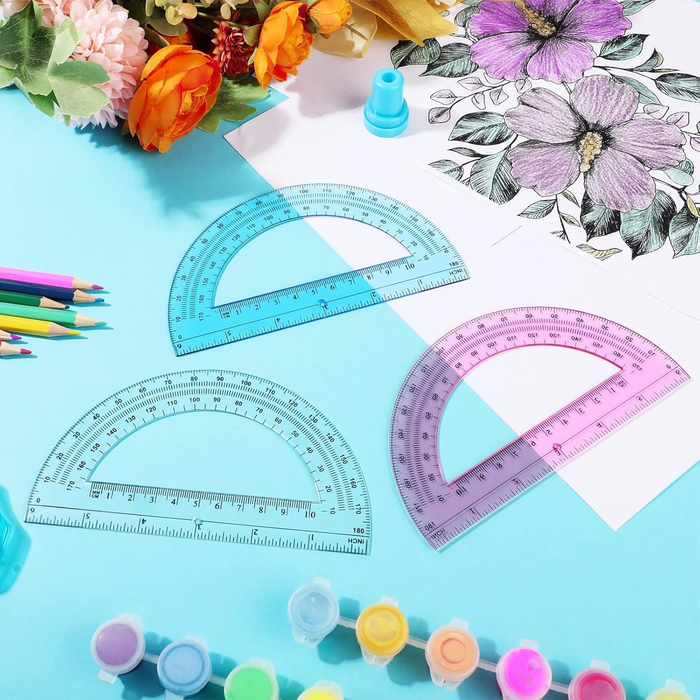 Zonon 3 Pack 6 Inch Plastic Protractor Back to School Protractors 180 Degrees Pink Blue Clear Protractors for Classroom Math Teacher Student Office Supplies