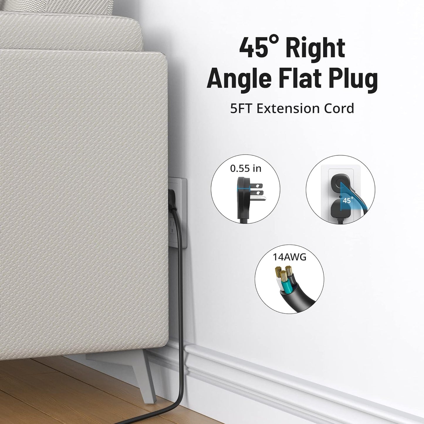 TROND Power Strip Surge Protector, 7 Widely-Spaced Outlets, 2 USB-A & 1 USB-C, ETL Listed, Flat Plug 5ft Extension Cord, Wall Mountable, 1700J, 14AWG Heavy Duty, for Home Office Garage, Black