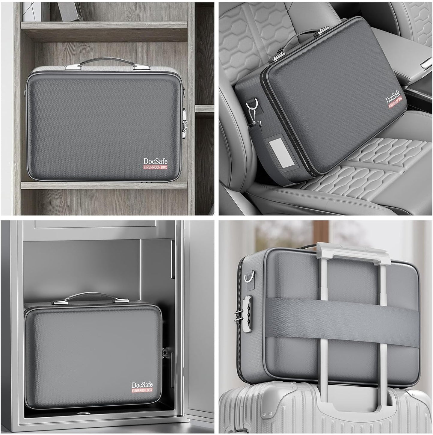 DocSafe Fireproof Document Box with Lock, Hard Case File Organizer with Accordion File Folder, Fireproof Water Resistant Safe Box Home Office Travel Storage for Important Documents Laptop Gray