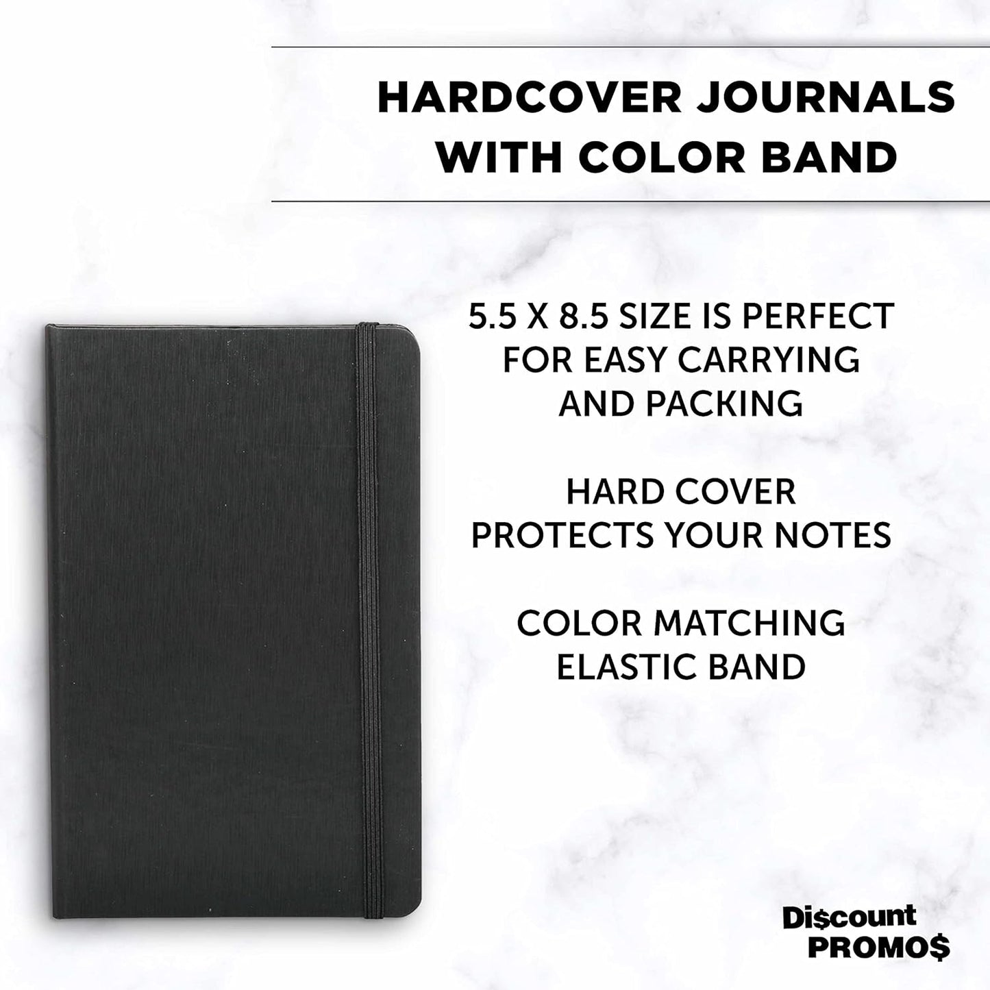 DISCOUNT PROMOS Hardcover Notebook Journals with Elastic Colored Band Set of 6, Bulk Pack - Perfect for School, Office, Home - Black