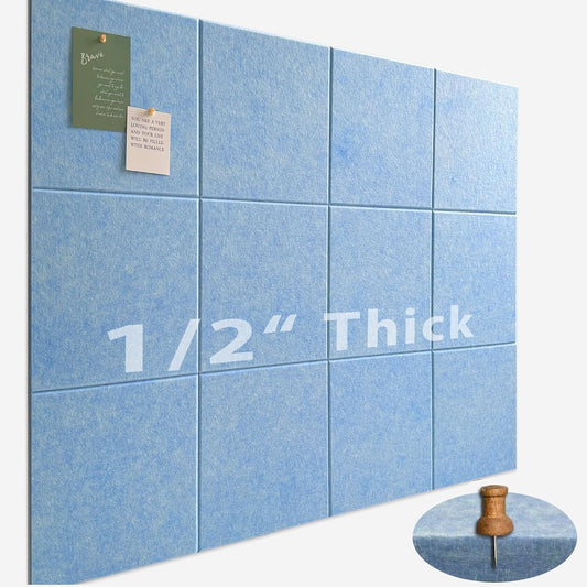 Large Cork Board for Office Wall Decor,48"x36"-12 Pack Felt Wall Tiles with 35 Push Pins, Thicker 0.47in, Felt Bulletin Board Pin Board Cork Boards for Walls - Light Blue
