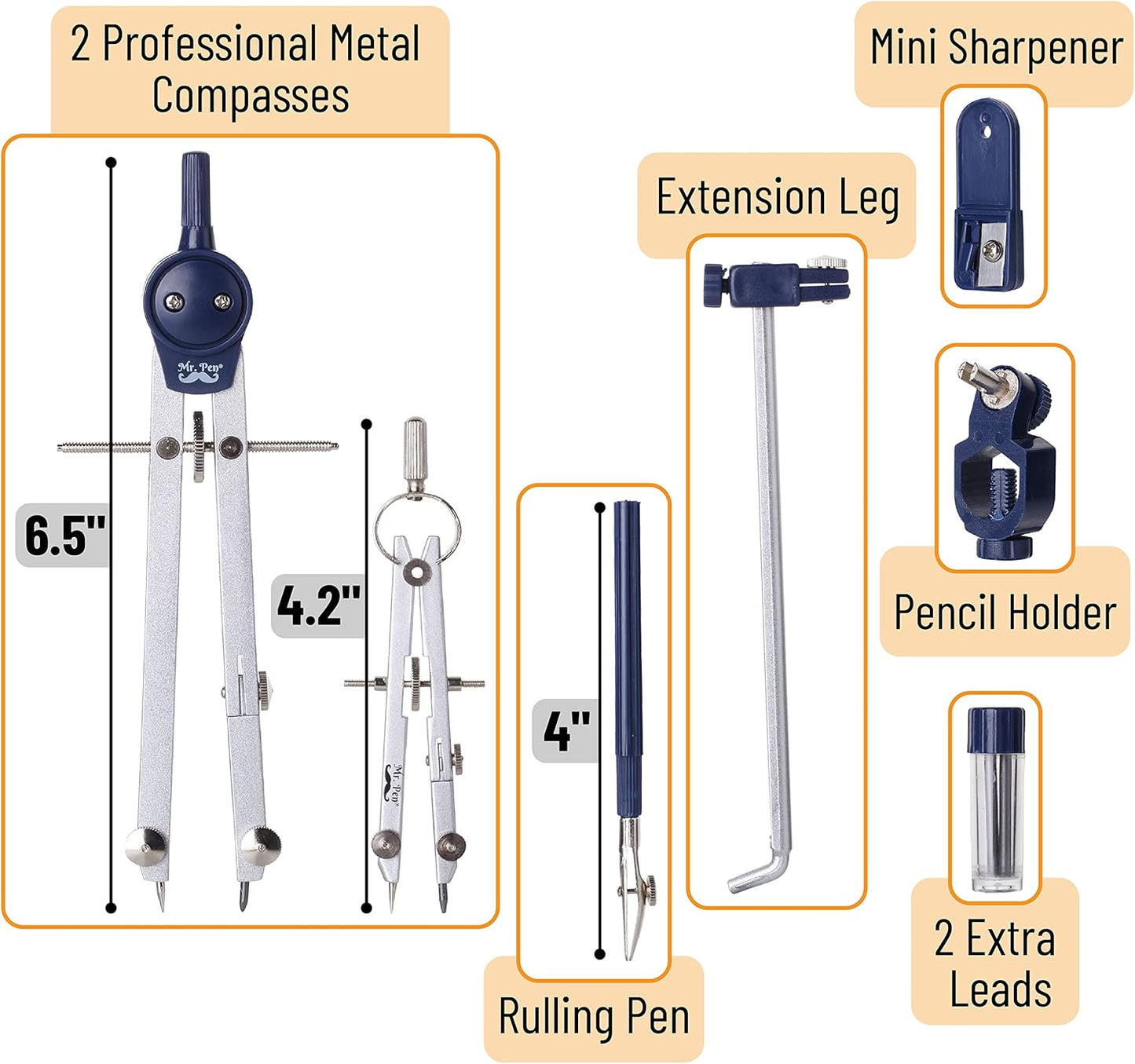 Mr. Pen- Professional Geometry Set Metal Compass, 7 pcs, Geometry Precision Tool Set with Shatterproof Storage Box, Drafting Tools & Drafting Kits, Back to School Supplies