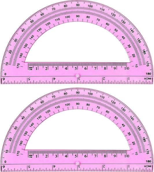Zonon 2 Pcs 6 Inch Plastic Protractor Math Protractors 180 Degrees Angle Measurement, Translucent for Geometry Classroom Kid Student School Office Supplies(Pink)