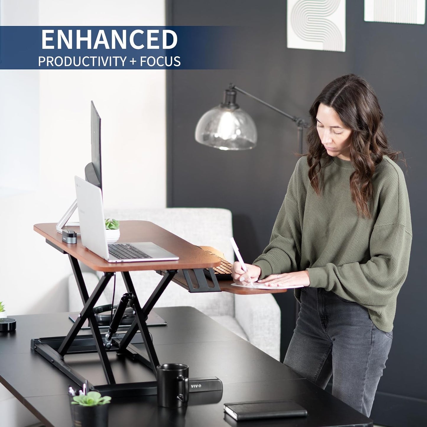 VIVO 42 inch Desk Converter, K Series, Height Adjustable Sit to Stand Riser, Dual Monitor and Laptop Workstation with Wide Keyboard Tray, Dark Walnut Top, Black Frame, DESK-V042KA