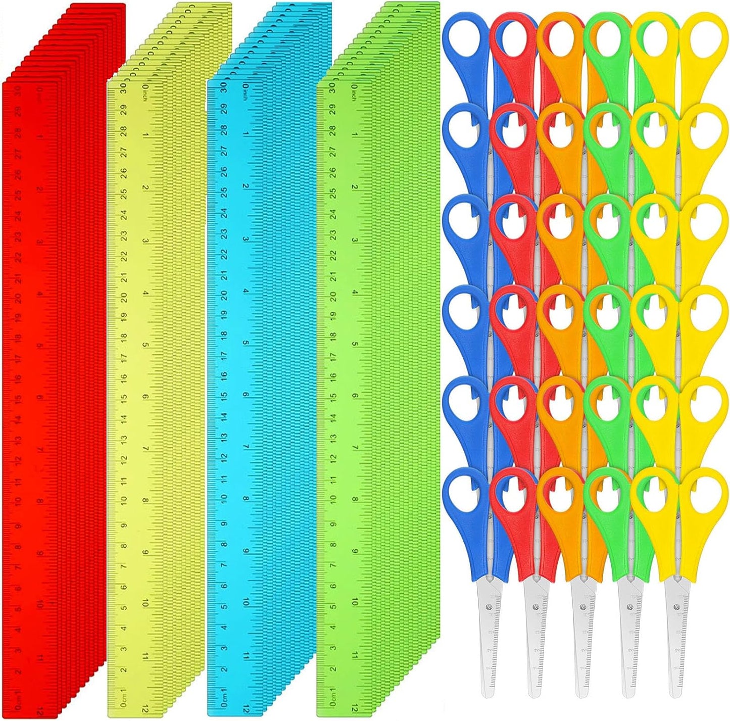 PerKoop 200 Pcs School Supplies with 100 Pcs Safety Blunt Tip Student Scissors 100 Pcs 12 Inch Plastic Rulers Back to School Supply Kit for Operation Christmas Charity Donation Supplies (Cute Color)