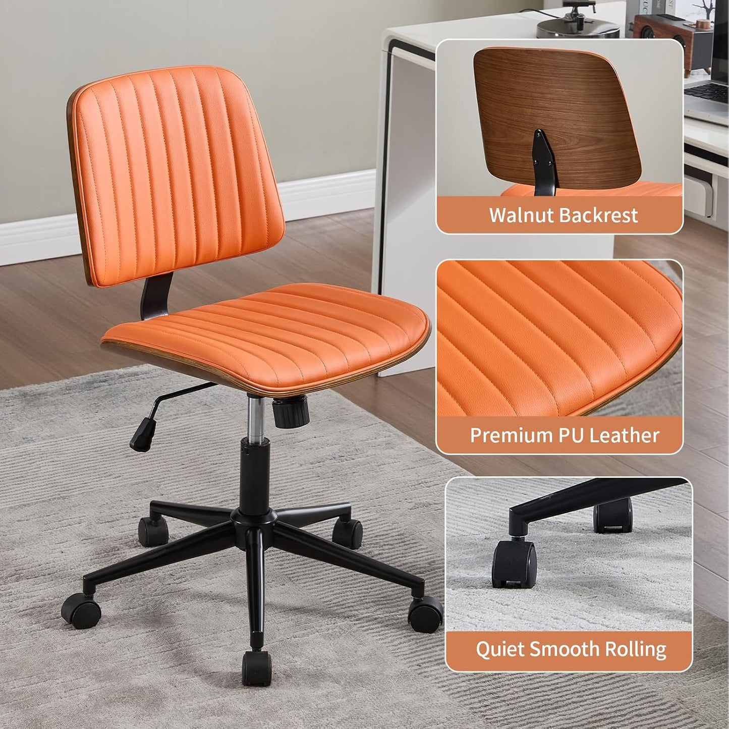 Small Home Office Chair - Armless Mid Back Desk Chair with 360° Swivel and Wheels, PU Upholstered Height Adjustable Modern Walnut Computer Chair for Home, Office Meeting Room - Orange