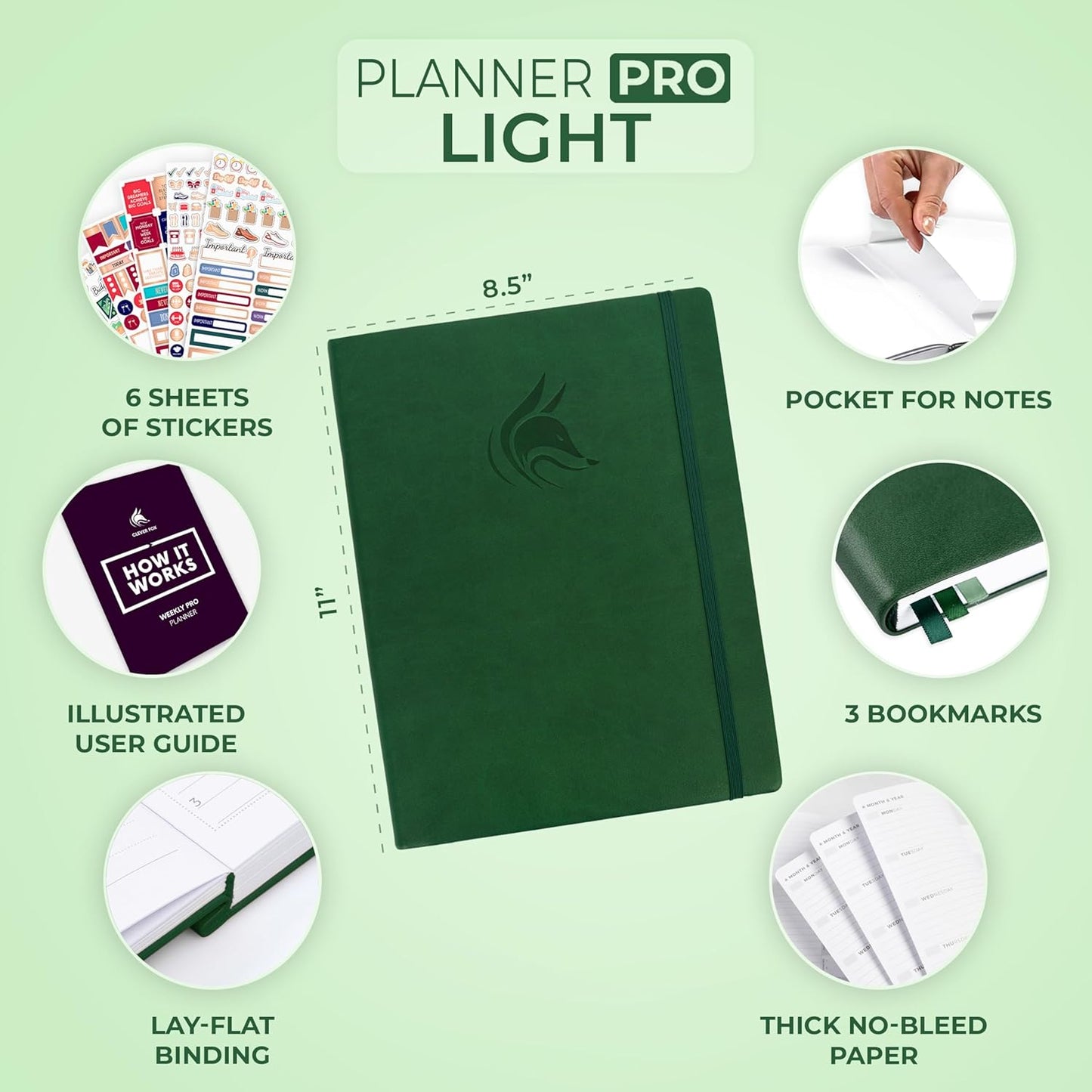 Clever Fox Planner PRO Light – Weekly & Monthly Life Planner to Increase Productivity, Time Management and Hit Your Goals, 8.5x11″ (Forest Green)