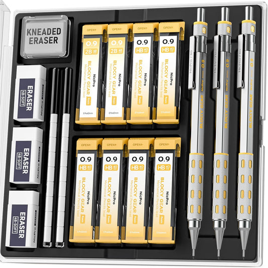 Nicpro Blocky Gear 0.9 mm Mechanical Pencils Set in Case, 3 Pack Metal Pencil 8 Tube with Lead Refills 0.9mm (HB 2B), 3 Erasers for Professional & Adult Art Writing Drafting Drawing