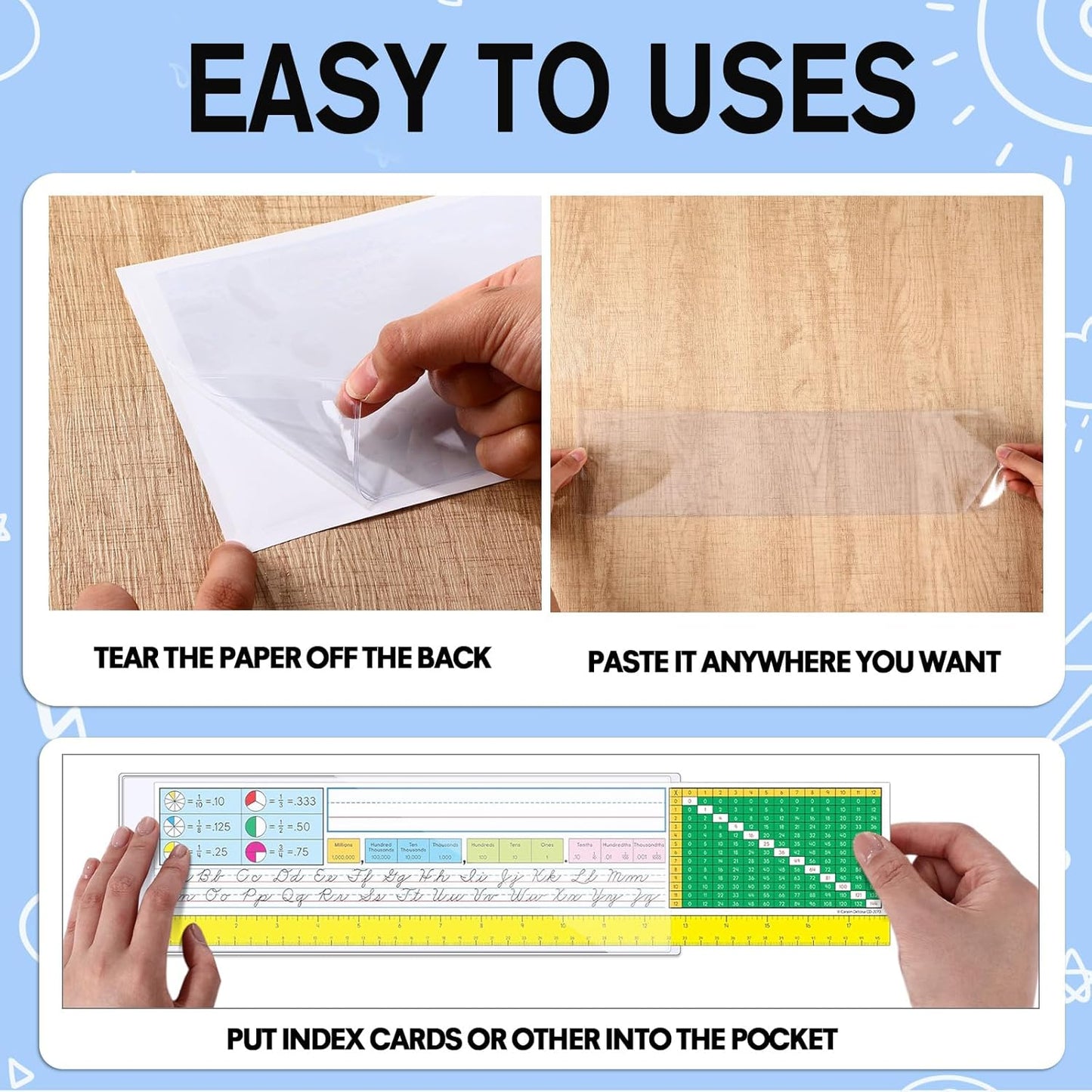 Outus 100 Pcs Clear Self Adhesive Pockets - Bin Labels for Storage Bins, Pocket Label Sleeves, Plastic Index Card Holder with Top Open for Organizing Bins Box Drawer(18 x 4 Inch)