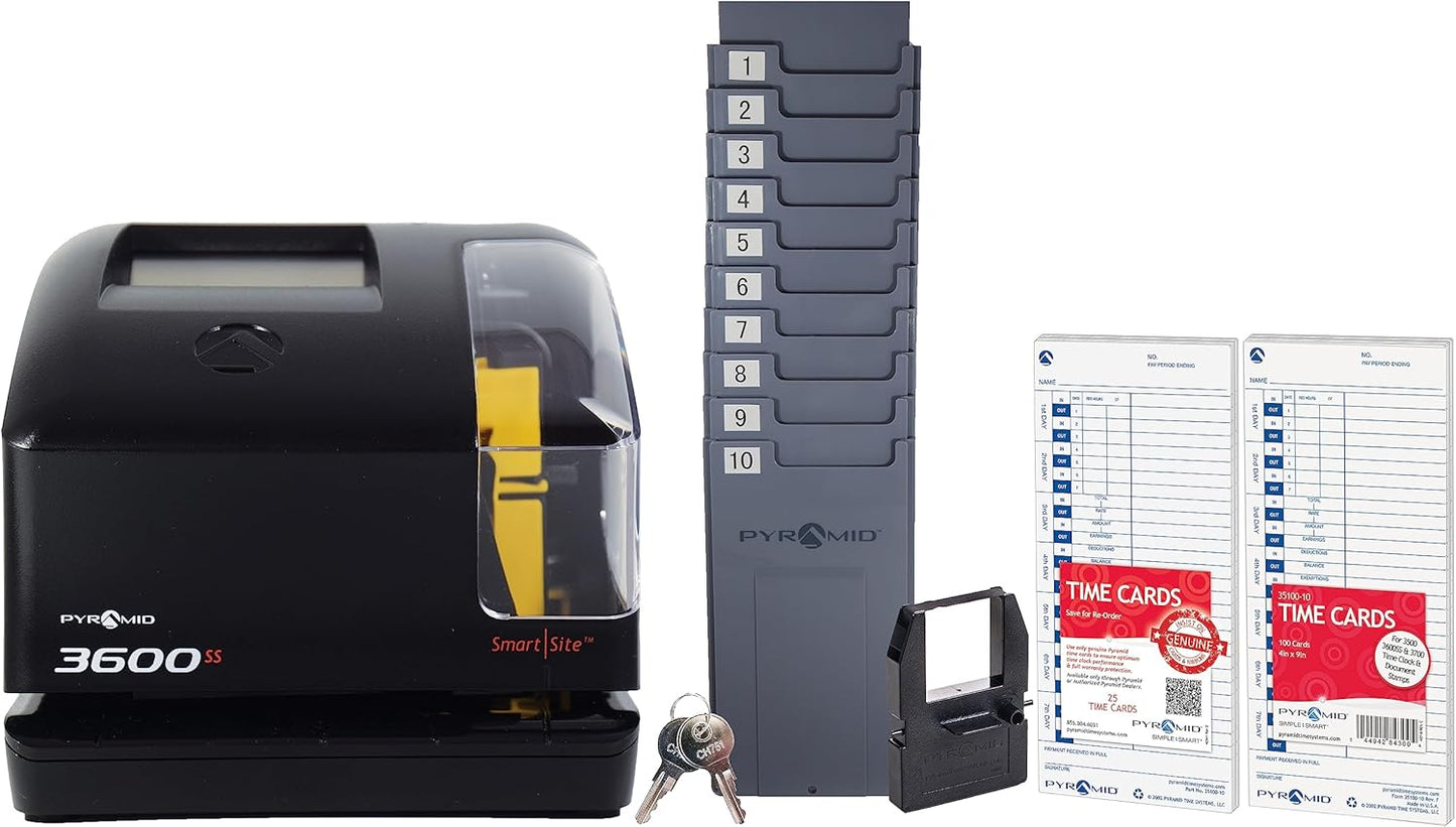 Pyramid Time Systems - 3600SSK1 Smart SiteTime Clock and Document Stamp with SmartSite LED Alignment and Tri-View Window - Includes 125 Time Cards, Time Card Rack, Ribbon, 2 Security Keys