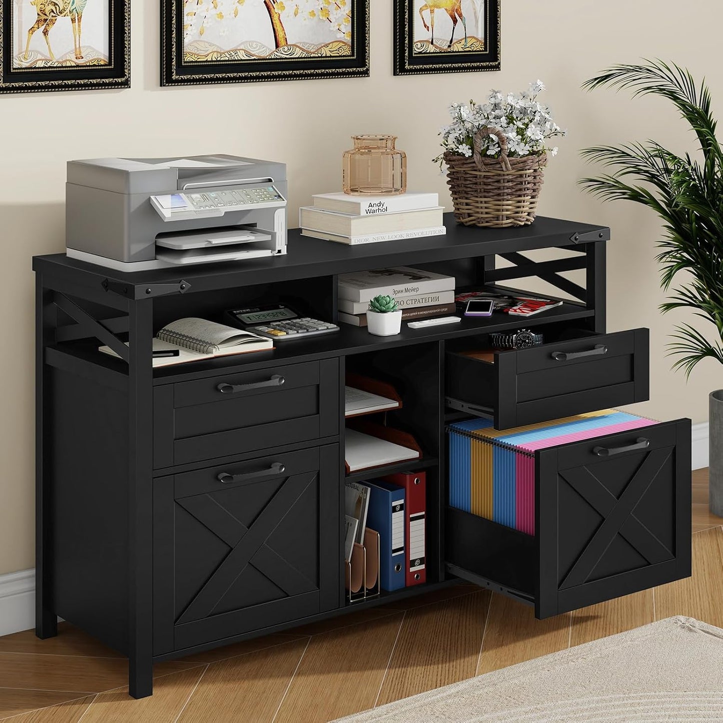 Farmhouse Filing Cabinet with Adjustable Shelf for Home Office, Lateral File Cabinets 4 Drawers with Open Storage Shelf, Filing Organization Storage Cabinets for Hanging Files Letter/A4.(Pure Black)