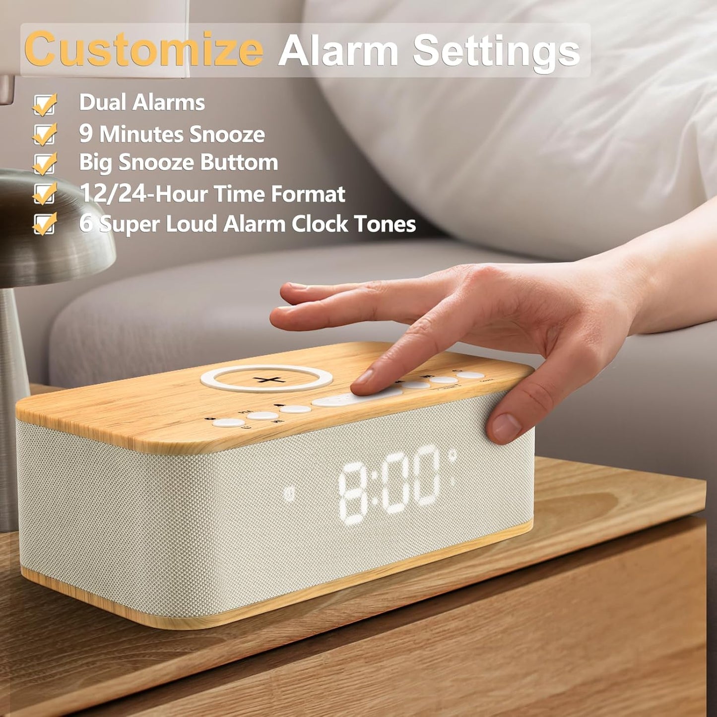 Alarm Clocks Large Snooze Button, Digital Clock USB Charger Port, Bluetooth Speaker Alarm Clock Bedroom AUX USB Bluetooth Speaker Wireless Charging 12/24H Dual Alarms Snooze Dimmer Sleep Timer, Yellow