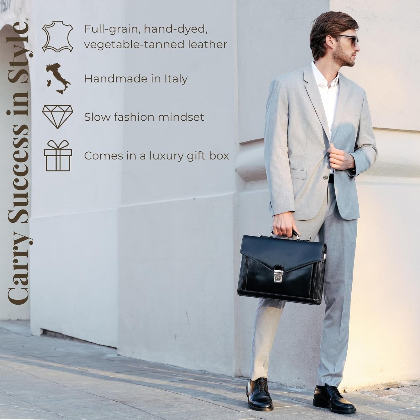 Time Resistance Leather Briefcase for Men - Business Laptop Bag - Italian Handmade Leather Bag - Attache - Gift Box Included