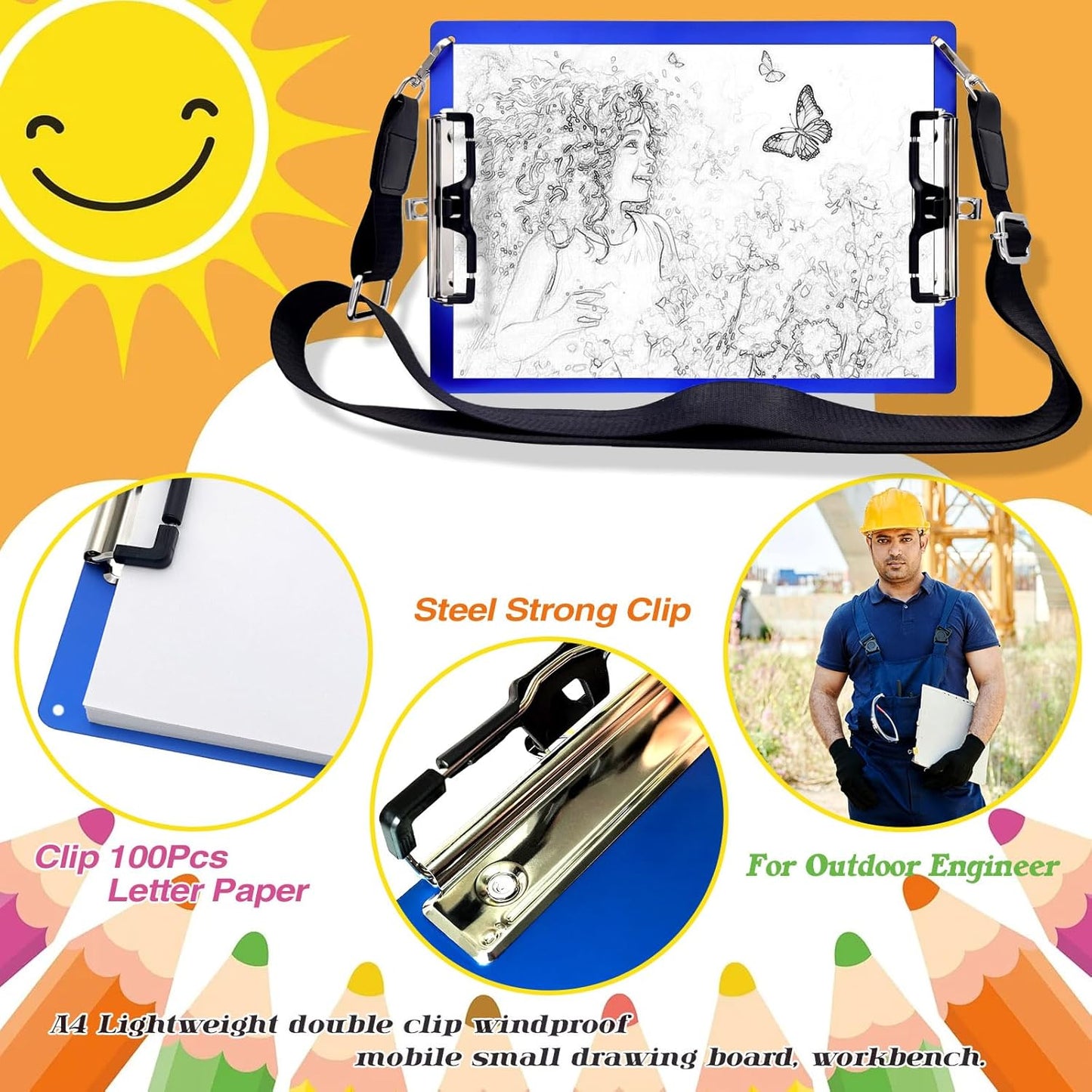 Aluminum Metal Clipboard with Detachable Adjustable Shoulder Strap A4 Double Clip Board Stainless Hangable w/Pen Holder Letter 9" x 12.6" for School Office Business Factory (Blue-with Strap, A4)