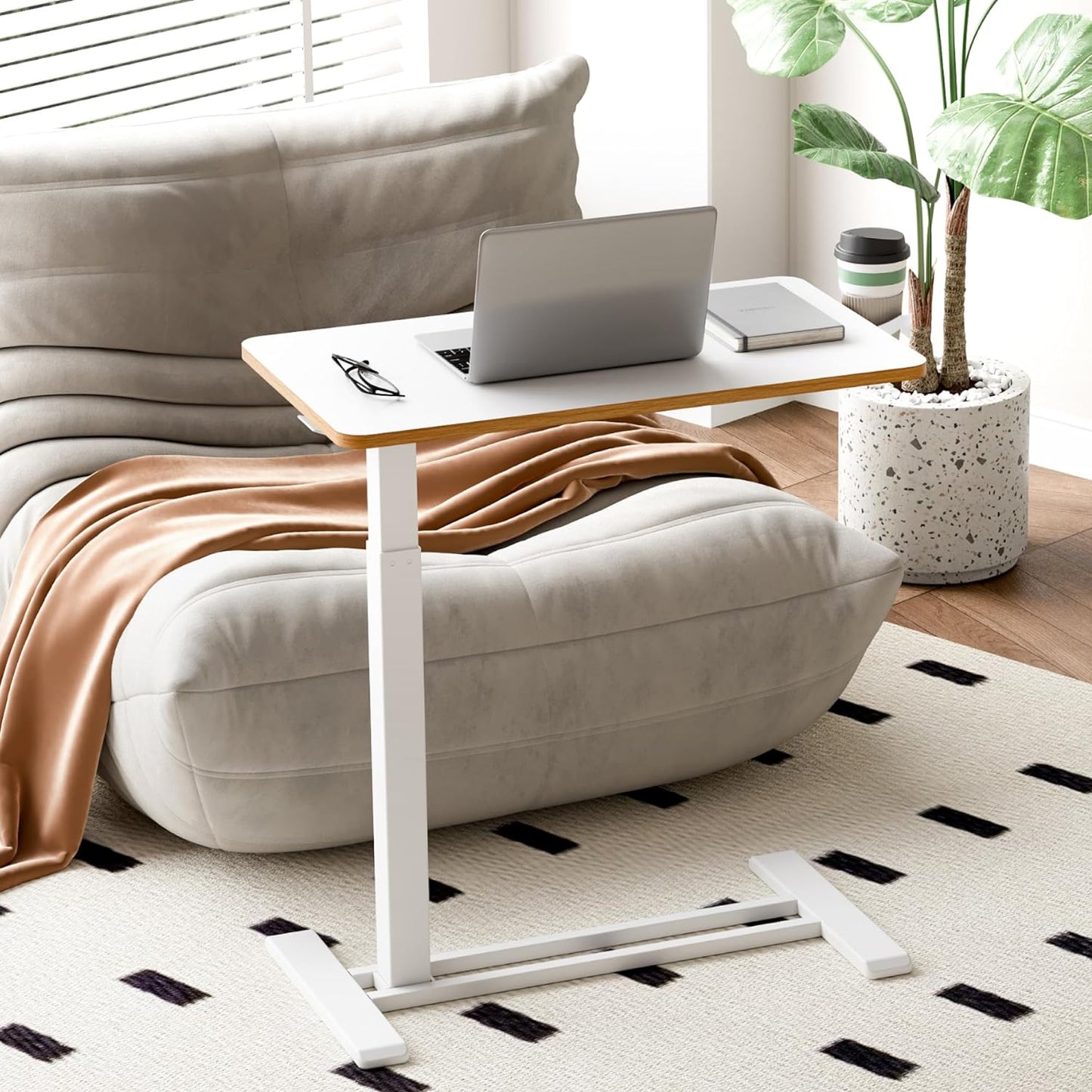 SANODESK Mobile Standing Desk with Hidden Wheels,Pneumatic Laptop Desk Rolling Computer Cart Movable Height Adjustable Small Sit Stand Desk for Home Office(27.6" W x 15.7" D, White+Maple Band)